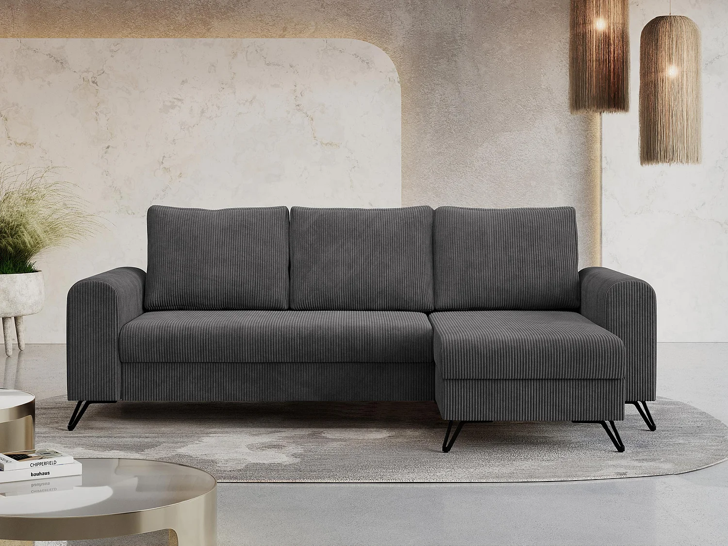 Ecksofa HUGO - L-Form mit Schlaffunktion, lose Kissen - Dunkelgrau Cord