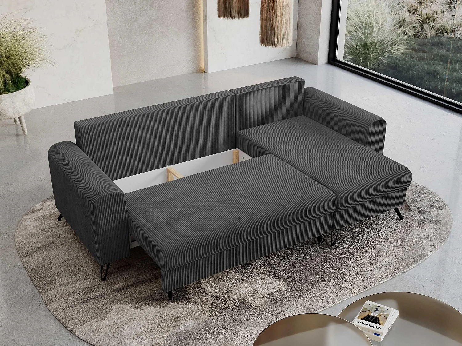 Ecksofa HUGO - L-Form mit Schlaffunktion, lose Kissen - Dunkelgrau Cord