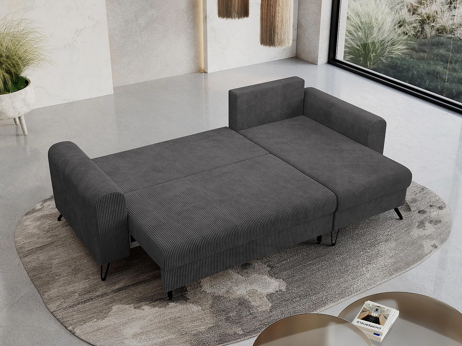 Ecksofa HUGO - L-Form mit Schlaffunktion, lose Kissen - Dunkelgrau Cord