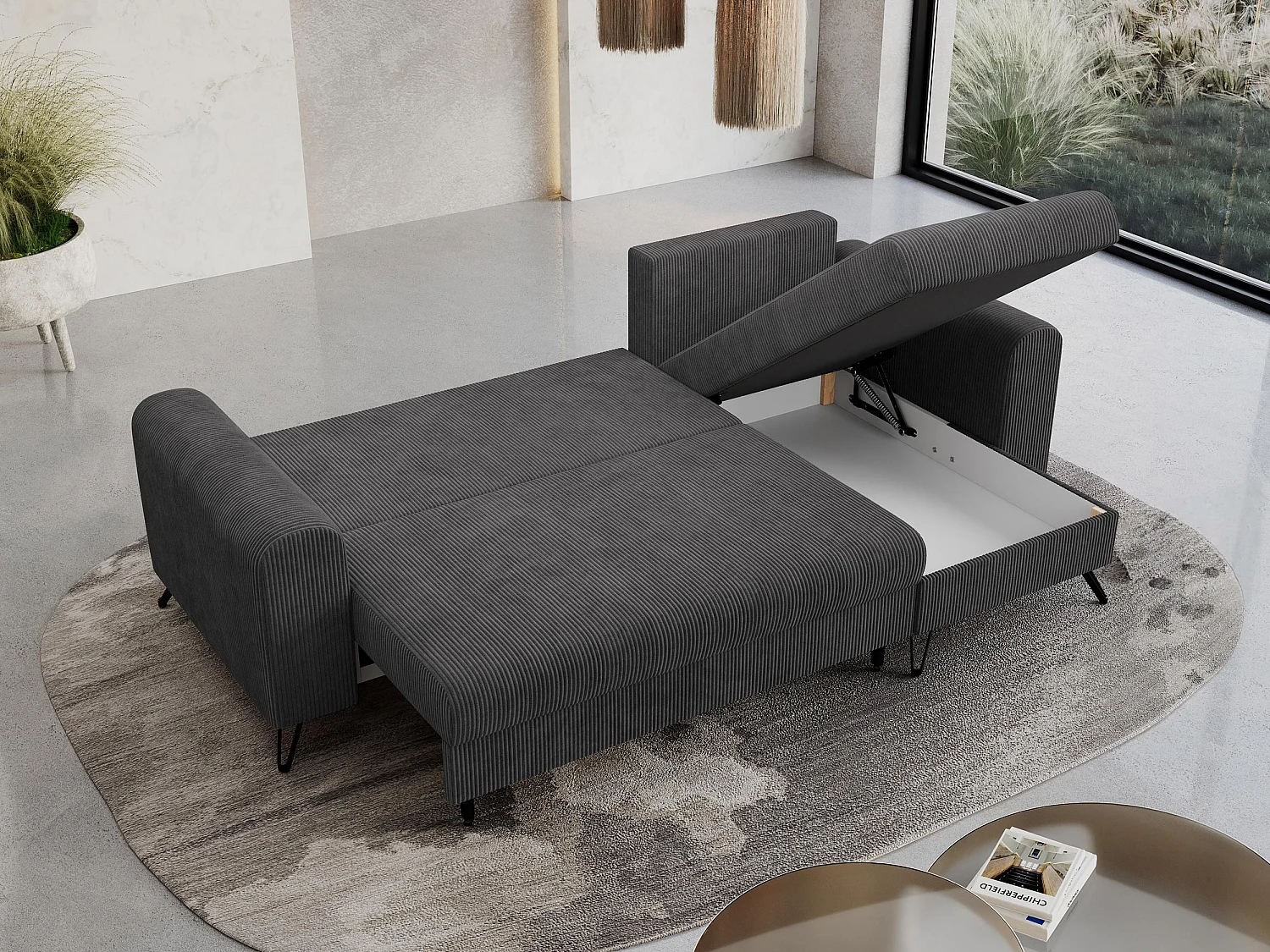 Ecksofa HUGO - L-Form mit Schlaffunktion, lose Kissen - Dunkelgrau Cord