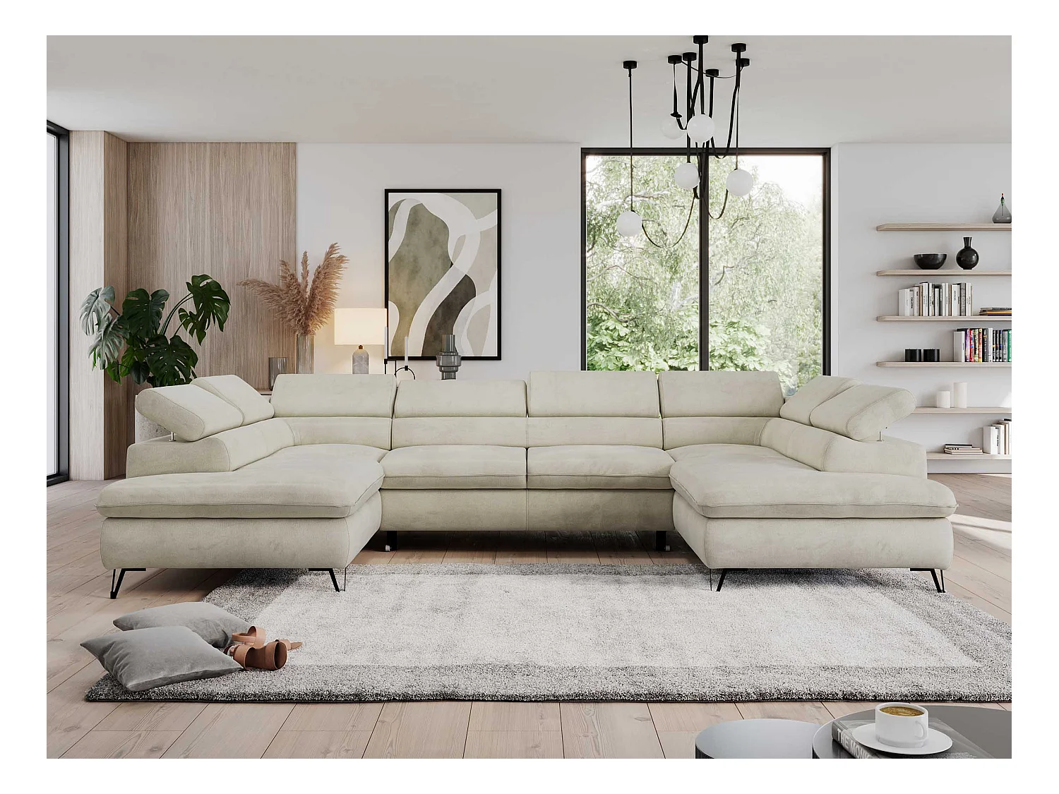 Ecksofa PEDRO U - XXL U-förmige Ecke, schlaffunktion und Bettkästen - Beige Velvet