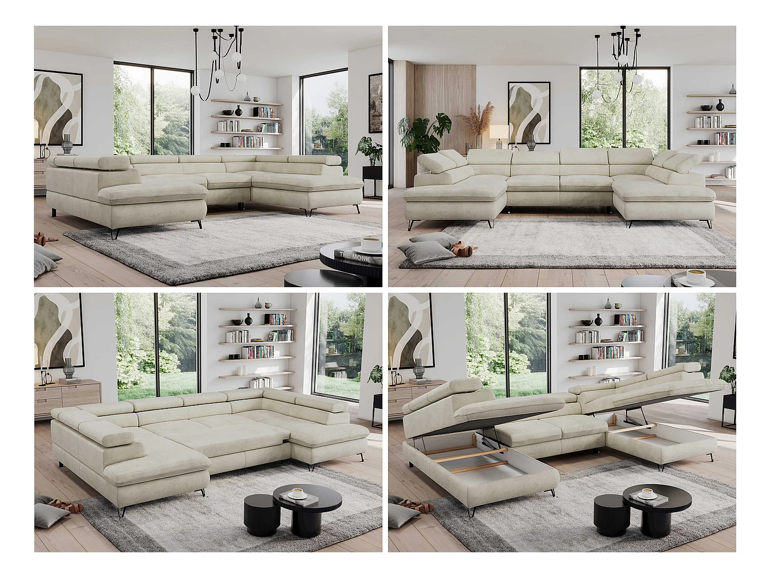 Ecksofa PEDRO U - XXL U-förmige Ecke, schlaffunktion und Bettkästen - Beige Velvet