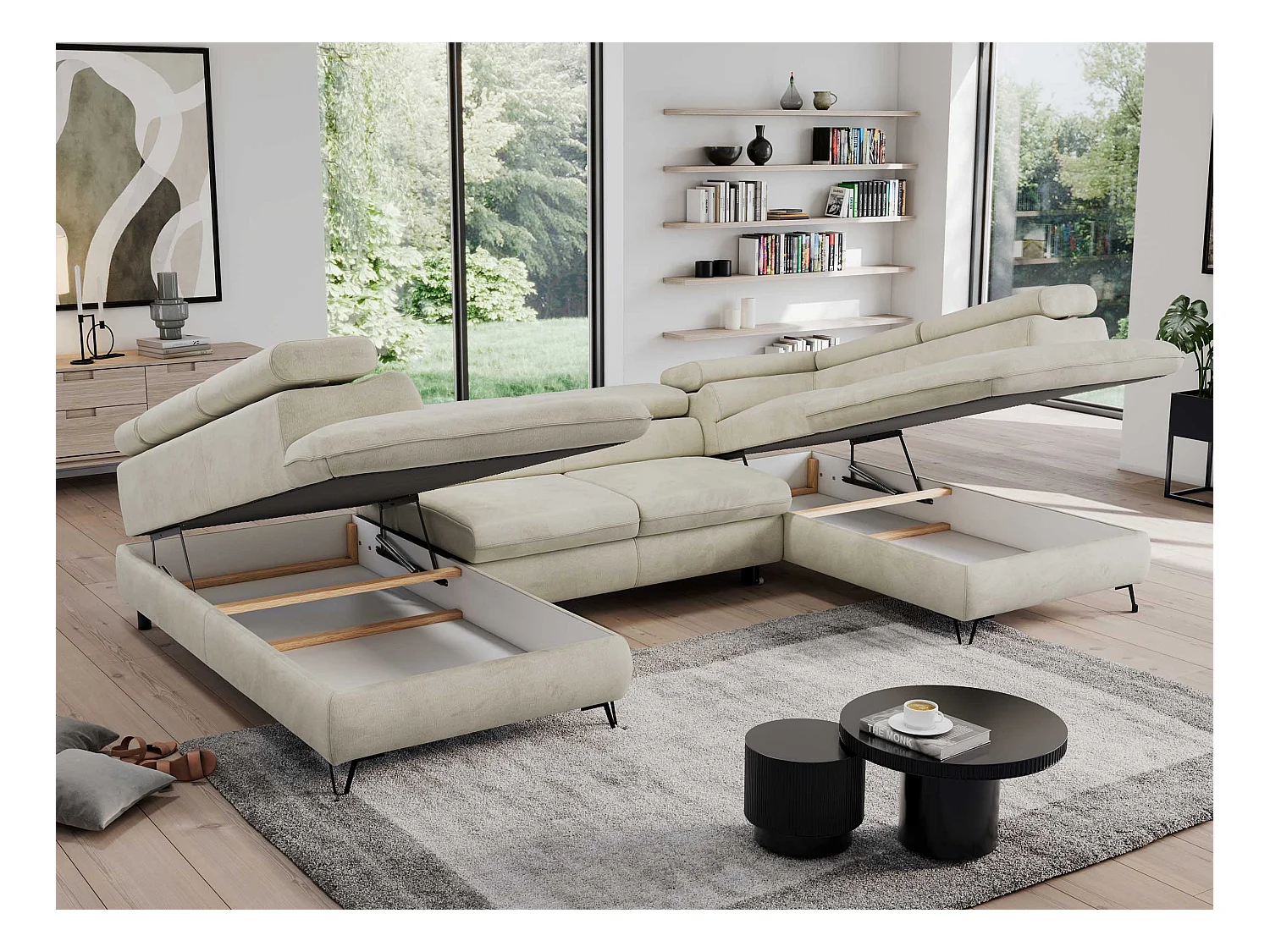 Ecksofa PEDRO U - XXL U-förmige Ecke, schlaffunktion und Bettkästen - Beige Velvet