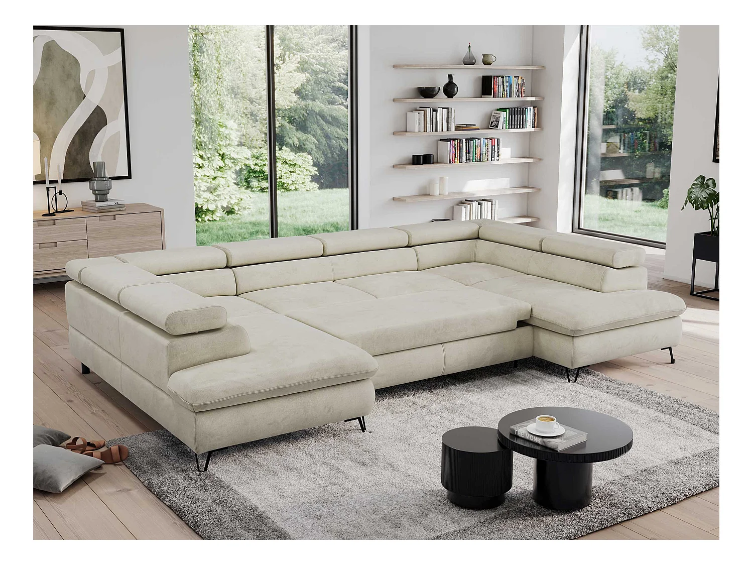 Ecksofa PEDRO U - XXL U-förmige Ecke, schlaffunktion und Bettkästen - Beige Velvet