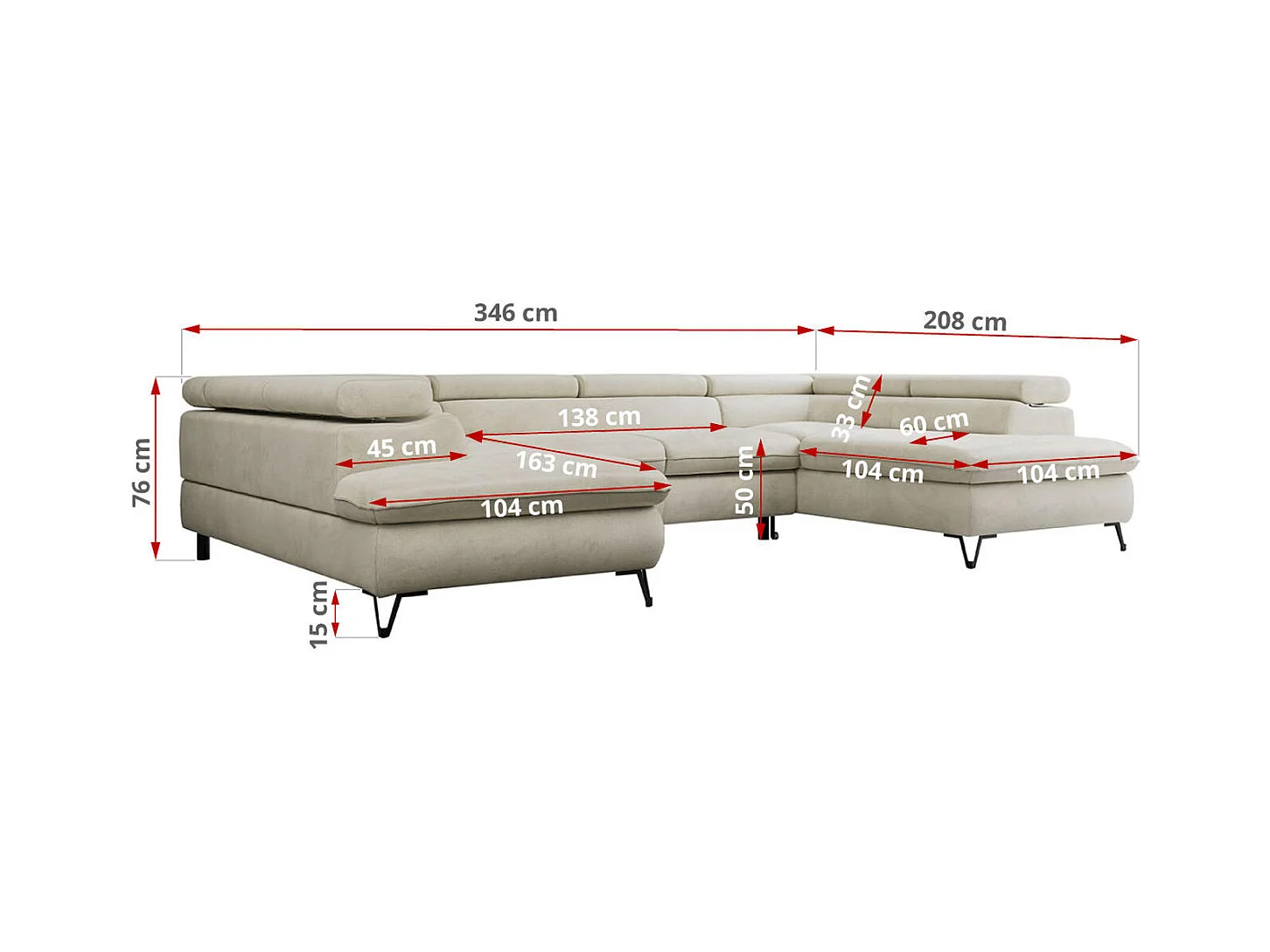 Ecksofa PEDRO U - XXL U-förmige Ecke, schlaffunktion und Bettkästen - Beige Velvet