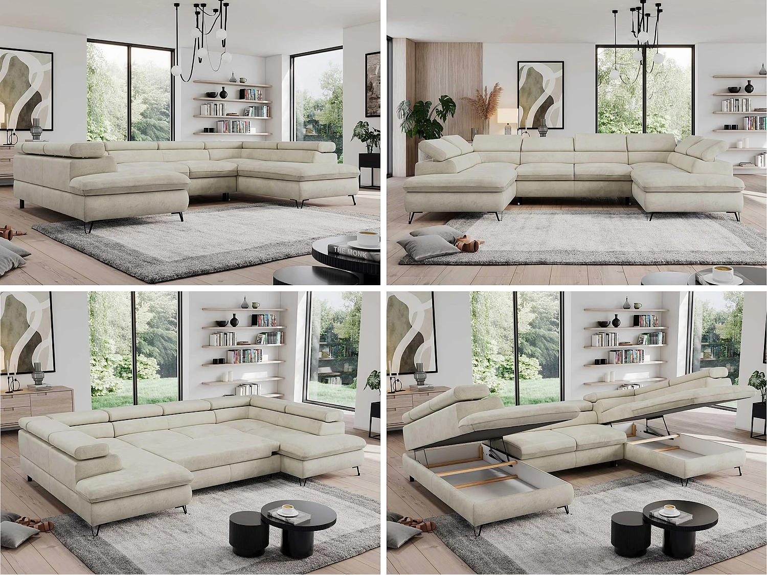 Ecksofa PEDRO U - XXL U-förmige Ecke, schlaffunktion und Bettkästen - Beige Velvet