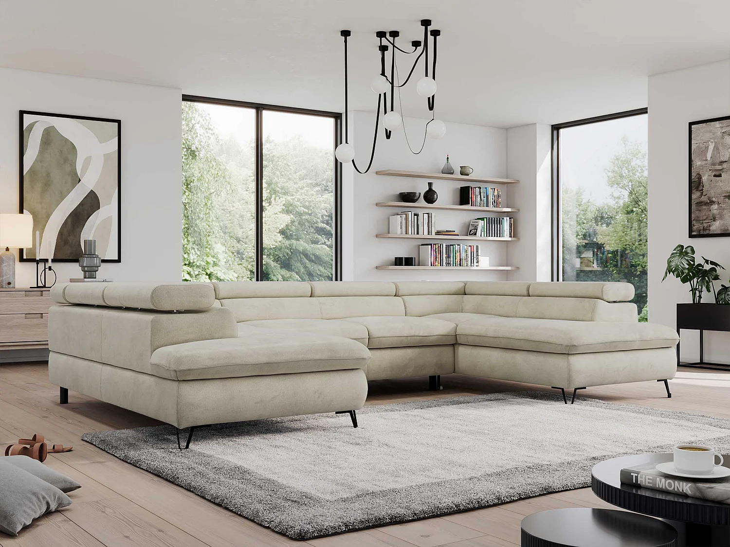 Ecksofa PEDRO U - XXL U-förmige Ecke, schlaffunktion und Bettkästen - Beige Velvet