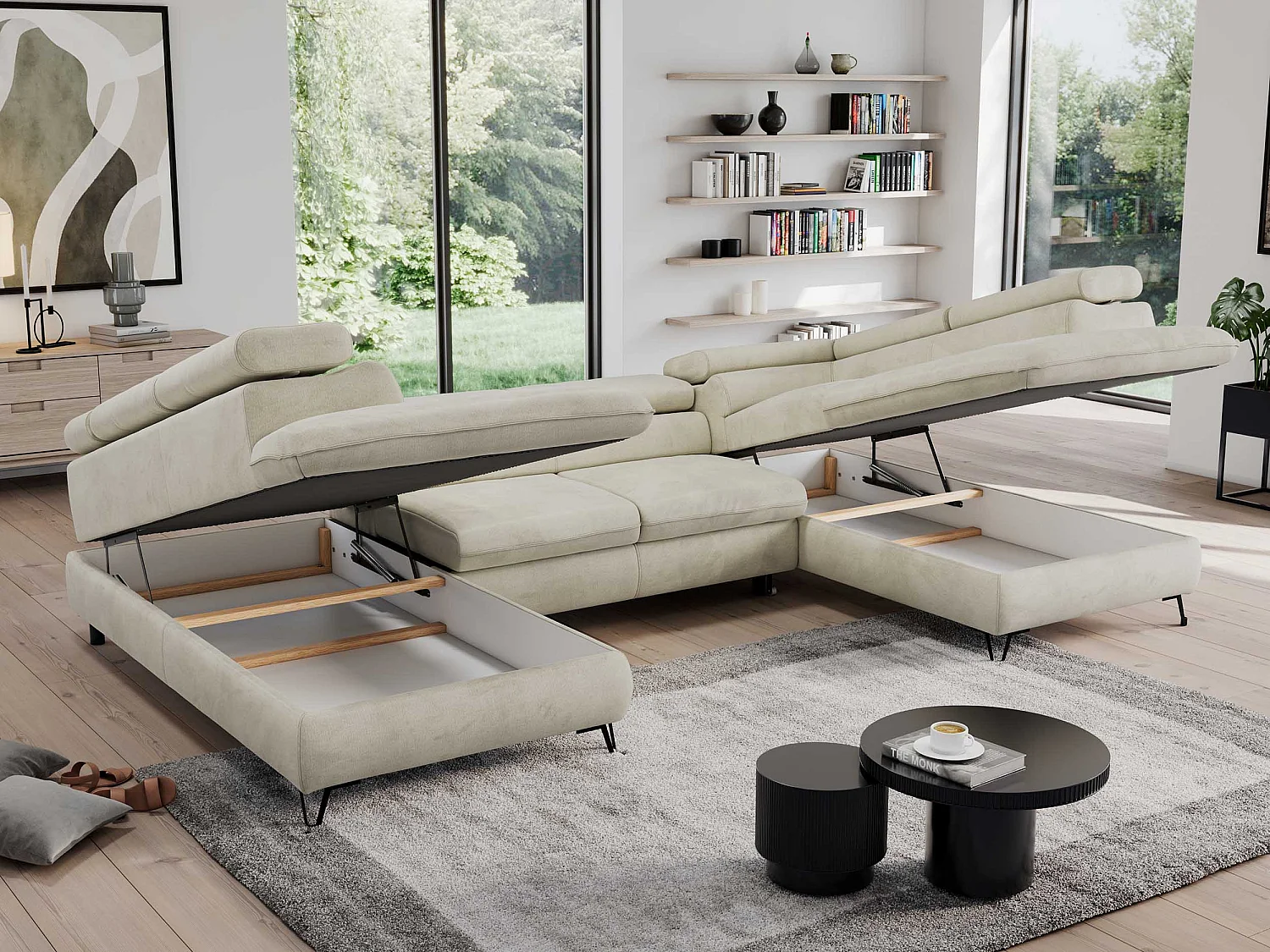 Ecksofa PEDRO U - XXL U-förmige Ecke, schlaffunktion und Bettkästen - Beige Velvet