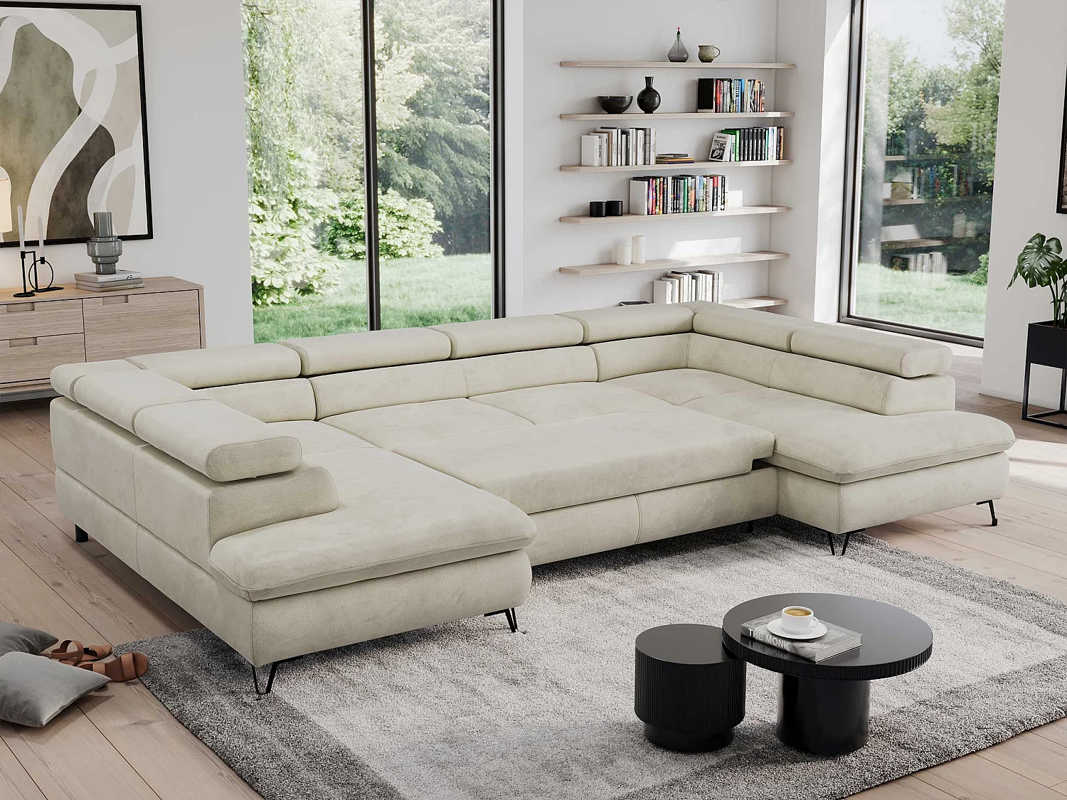 Ecksofa PEDRO U - XXL U-förmige Ecke, schlaffunktion und Bettkästen - Beige Velvet