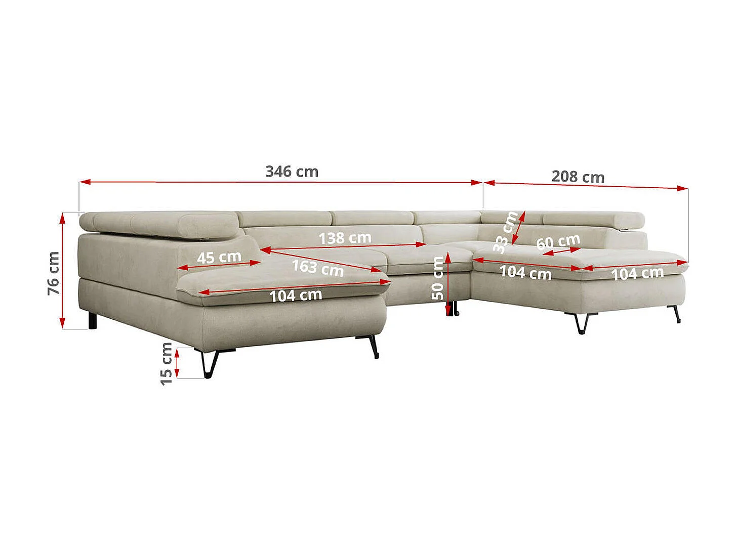 Ecksofa PEDRO U - XXL U-förmige Ecke, schlaffunktion und Bettkästen - Beige Velvet