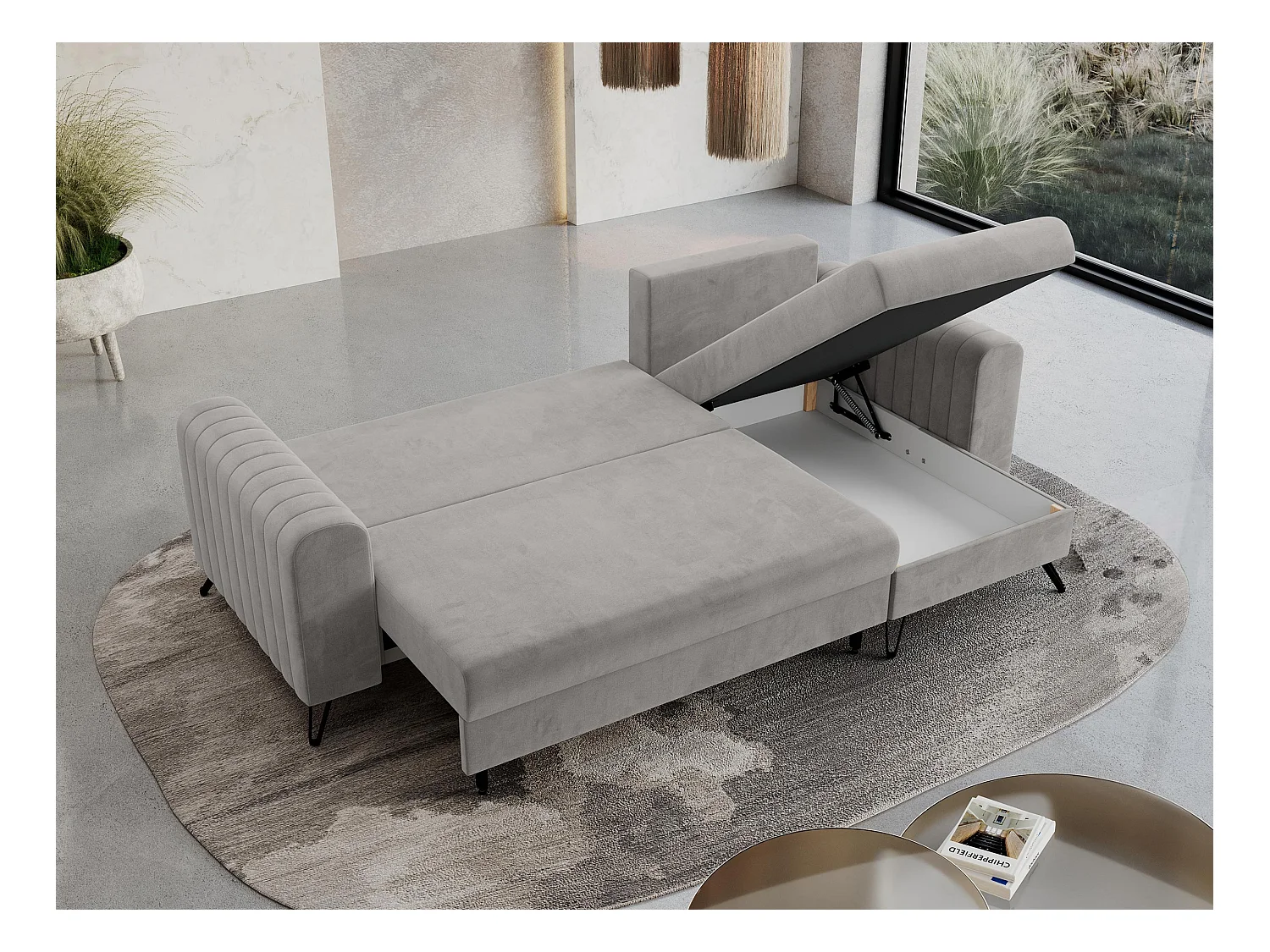 Ecksofa AXEL - universal mit schlaffunktion, Bettkasten - Hellgrau Velvet