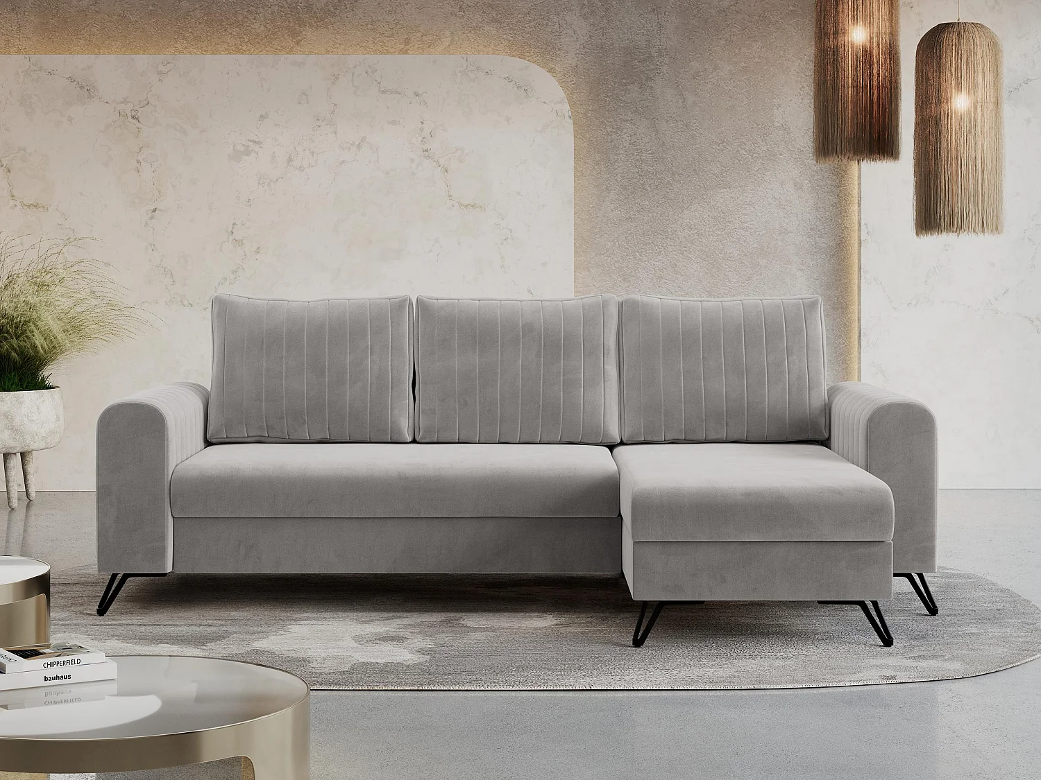 Ecksofa AXEL - universal mit schlaffunktion, Bettkasten - Hellgrau Velvet