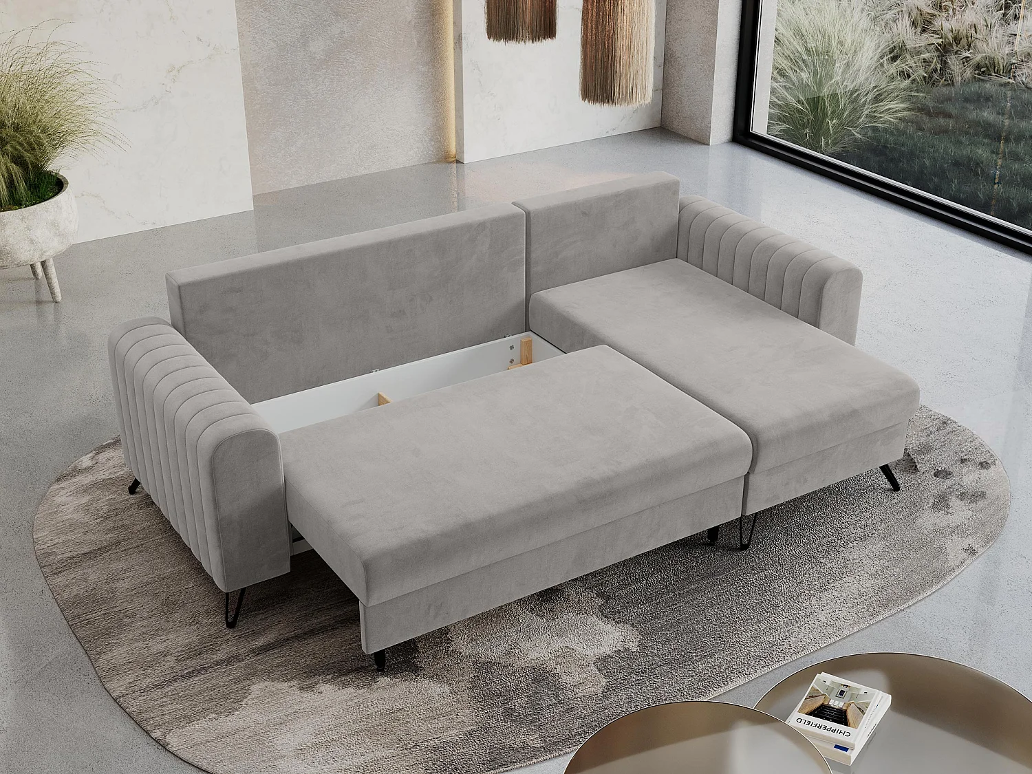 Ecksofa AXEL - universal mit schlaffunktion, Bettkasten - Hellgrau Velvet