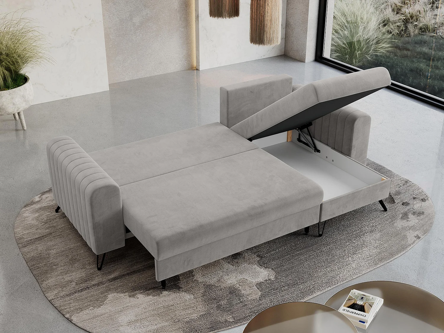 Ecksofa AXEL - universal mit schlaffunktion, Bettkasten - Hellgrau Velvet