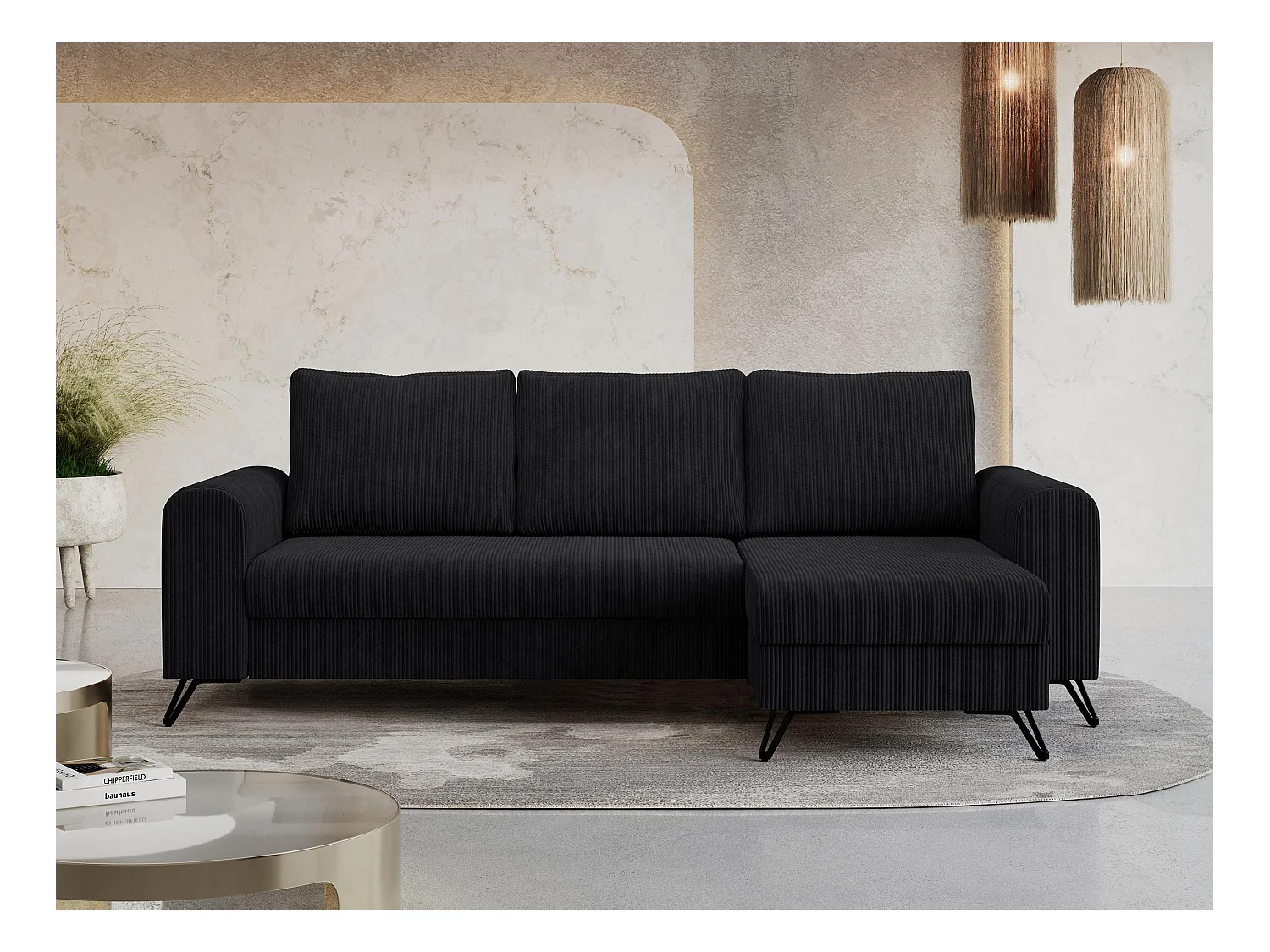 Ecksofa HUGO - L-Form mit Schlaffunktion, lose Kissen - Schwarz Cord