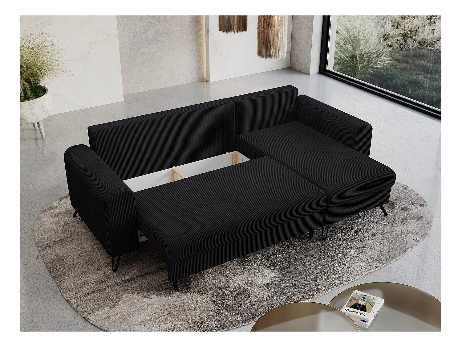 Ecksofa HUGO - L-Form mit Schlaffunktion, lose Kissen - Schwarz Cord