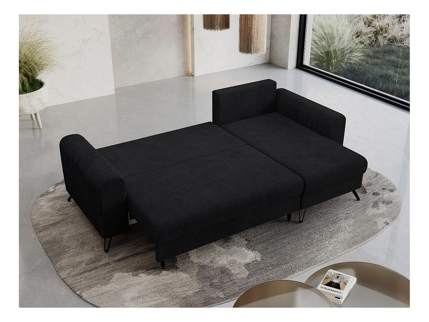 Ecksofa HUGO - L-Form mit Schlaffunktion, lose Kissen - Schwarz Cord