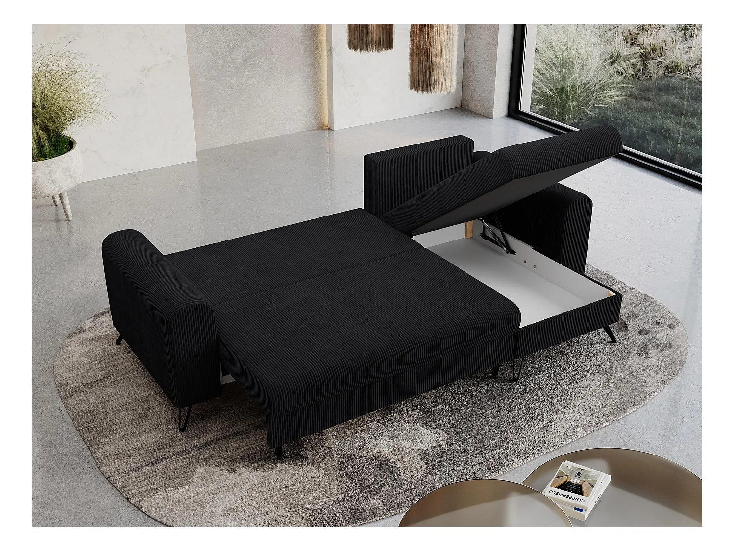 Ecksofa HUGO - L-Form mit Schlaffunktion, lose Kissen - Schwarz Cord