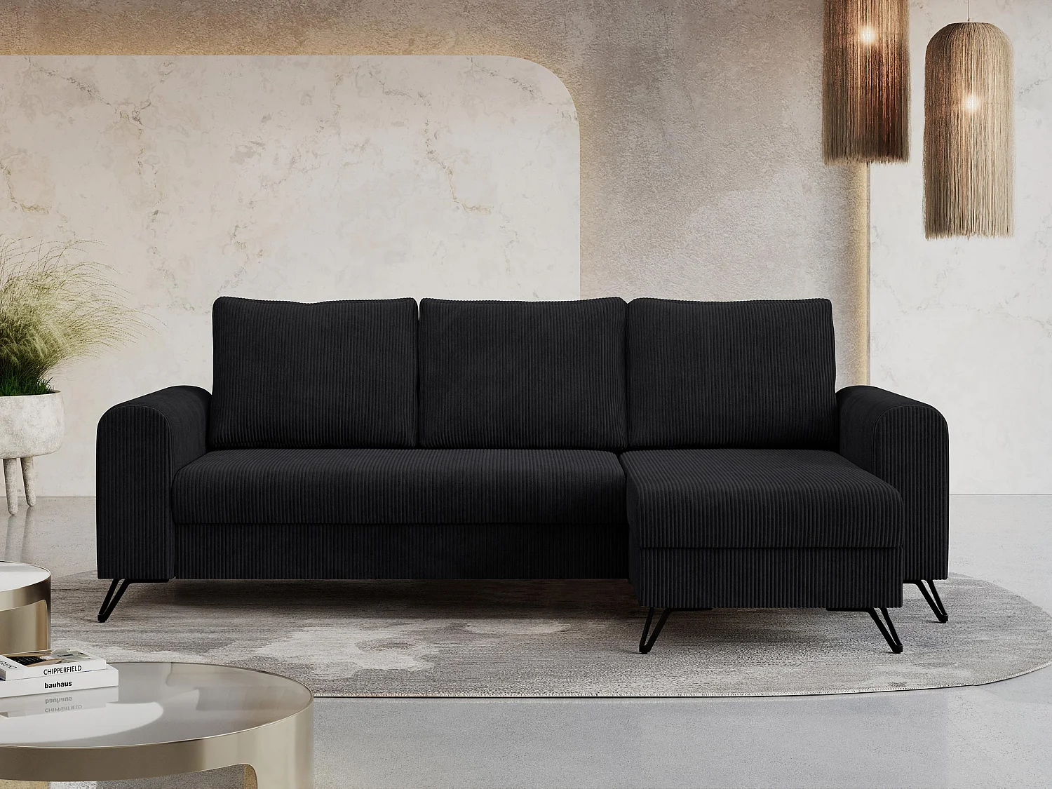 Ecksofa HUGO - L-Form mit Schlaffunktion, lose Kissen - Schwarz Cord