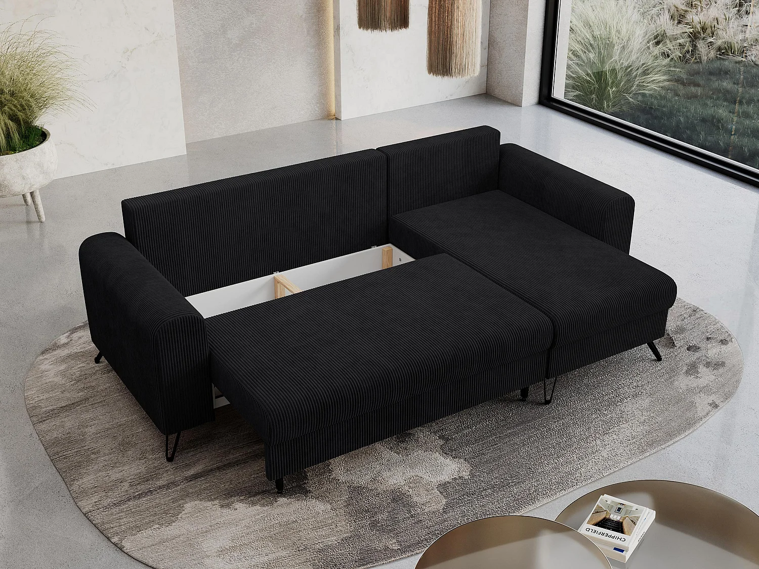Ecksofa HUGO - L-Form mit Schlaffunktion, lose Kissen - Schwarz Cord