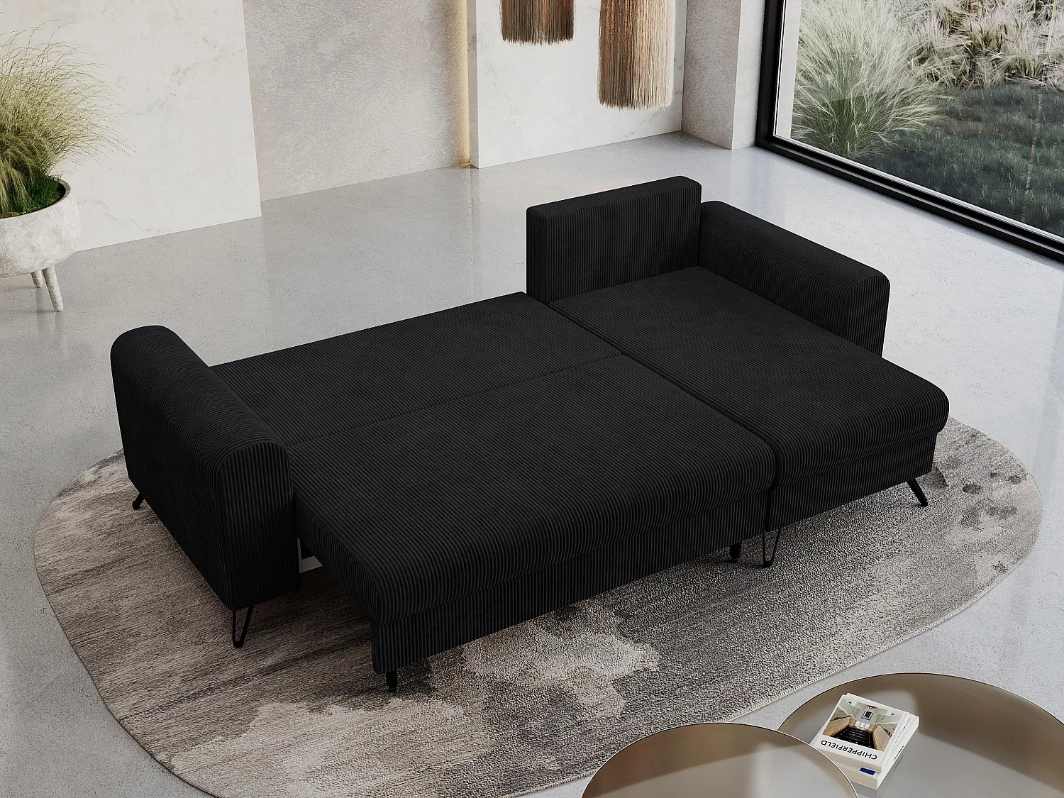 Ecksofa HUGO - L-Form mit Schlaffunktion, lose Kissen - Schwarz Cord