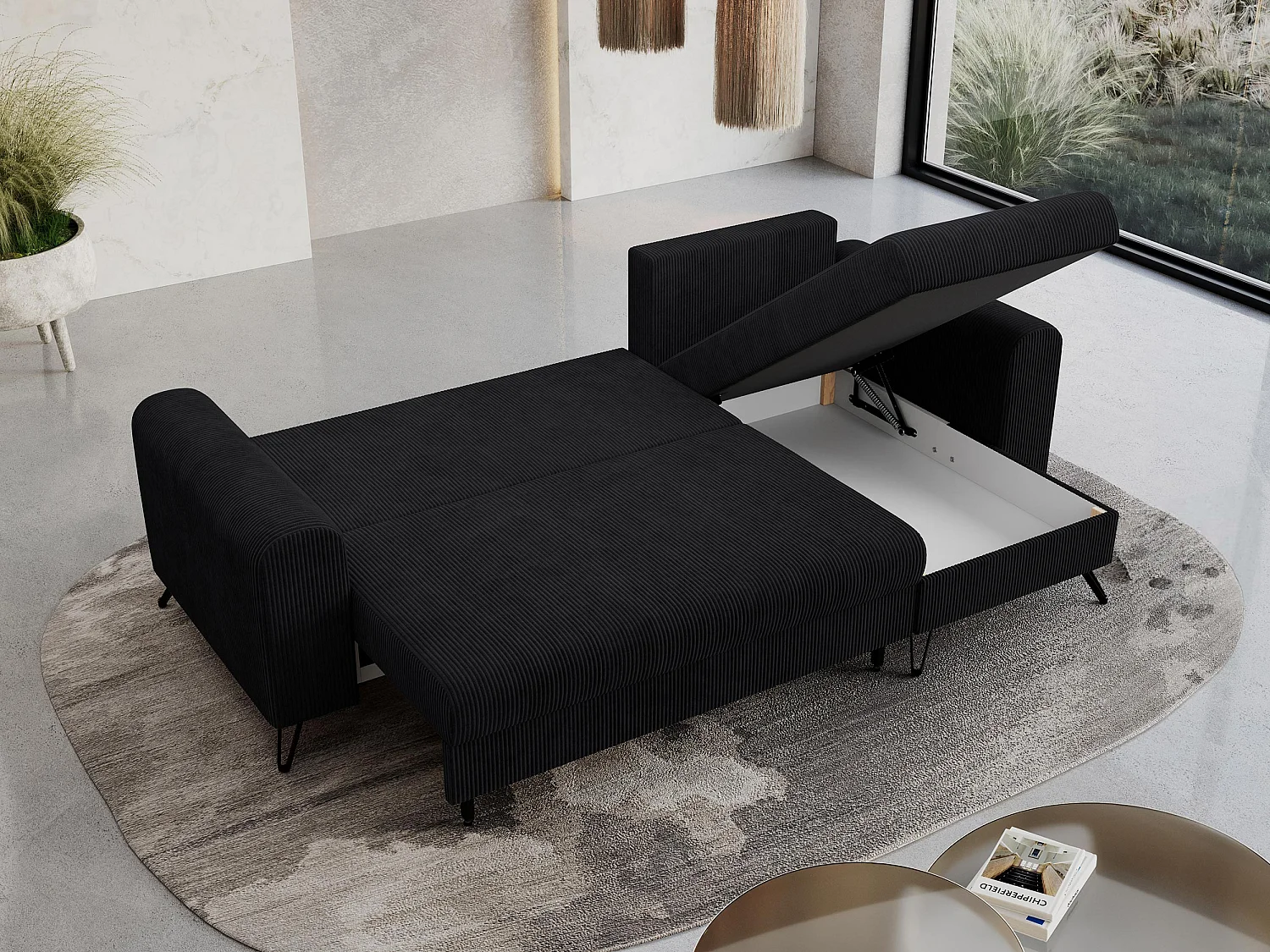 Ecksofa HUGO - L-Form mit Schlaffunktion, lose Kissen - Schwarz Cord