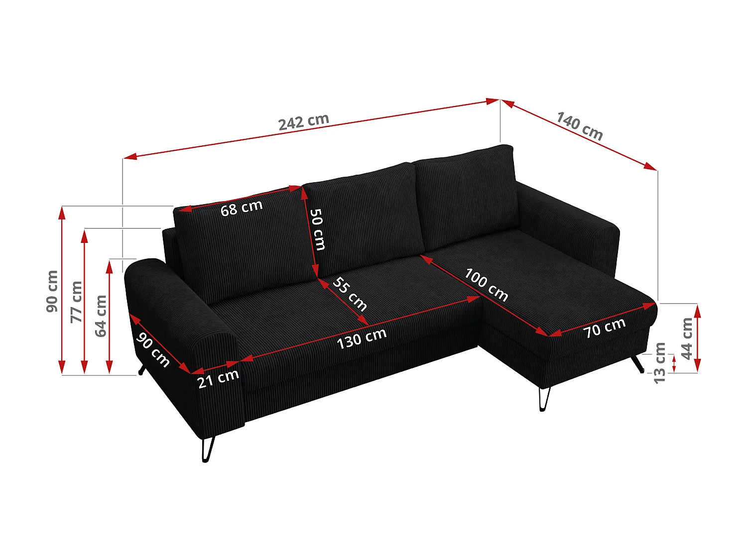 Ecksofa HUGO - L-Form mit Schlaffunktion, lose Kissen - Schwarz Cord