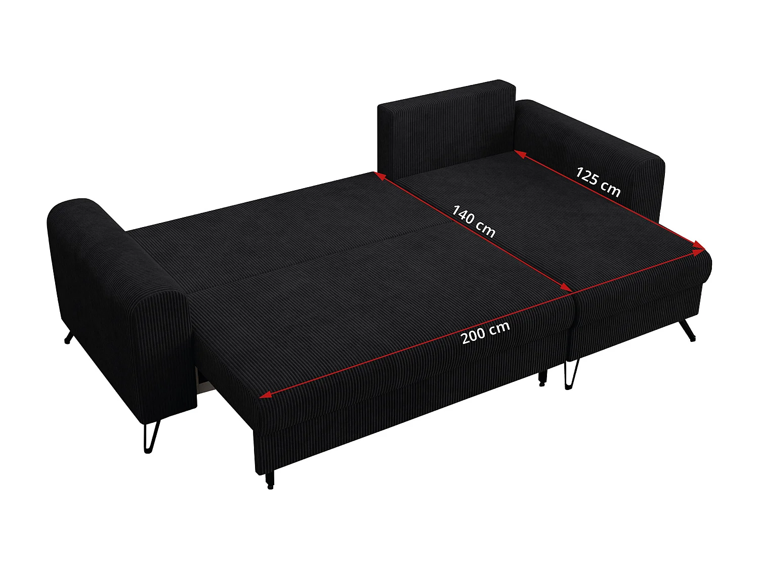 Ecksofa HUGO - L-Form mit Schlaffunktion, lose Kissen - Schwarz Cord