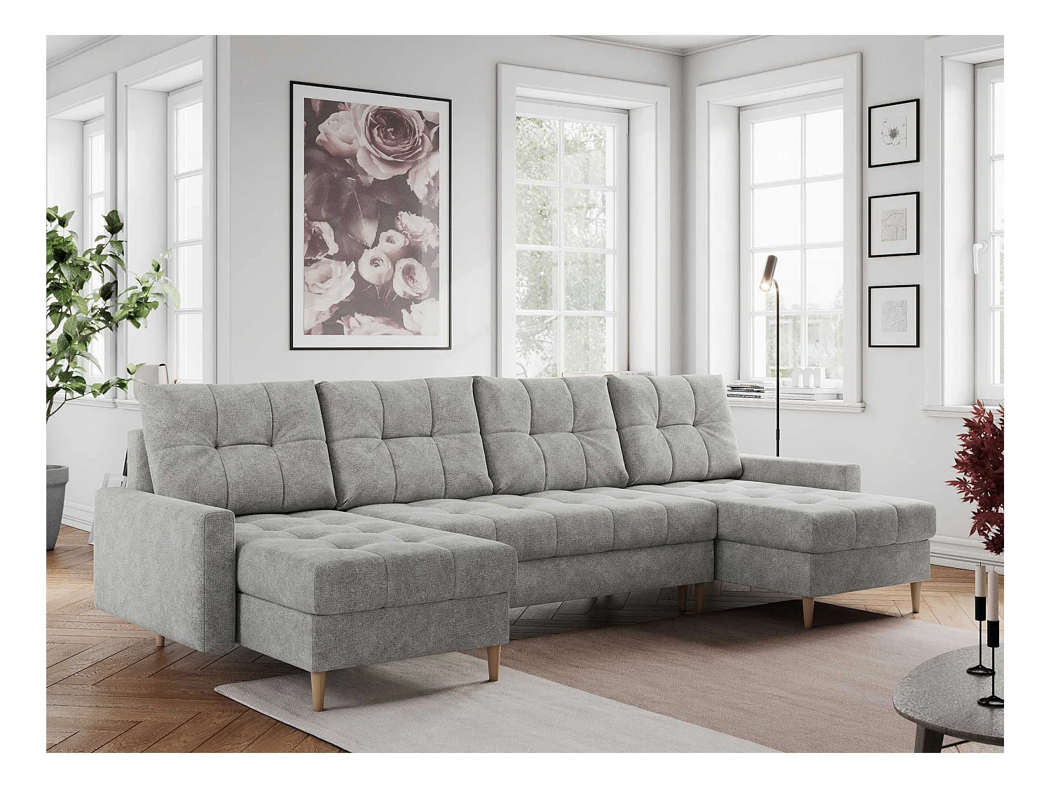 Ecksofa COLIN U mit Bettfunktion - skandinavisches design, lose Kissen - Hellgrau Stukture
