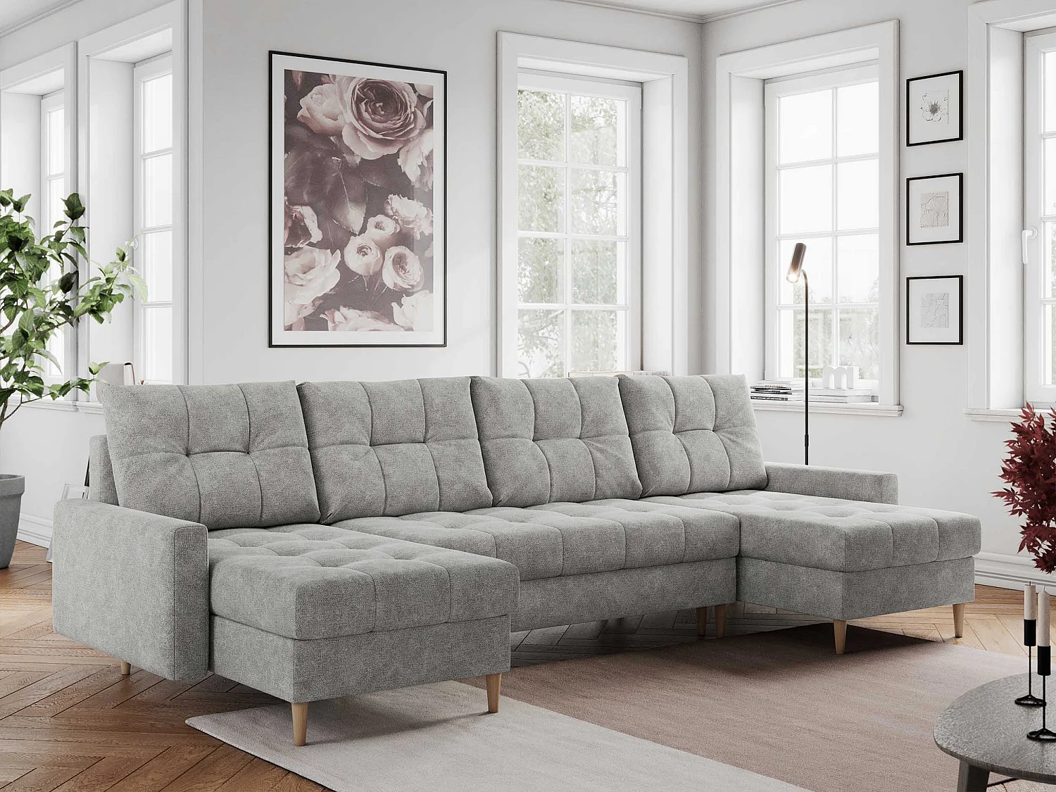 Ecksofa COLIN U mit Bettfunktion - skandinavisches design, lose Kissen - Hellgrau Stukture