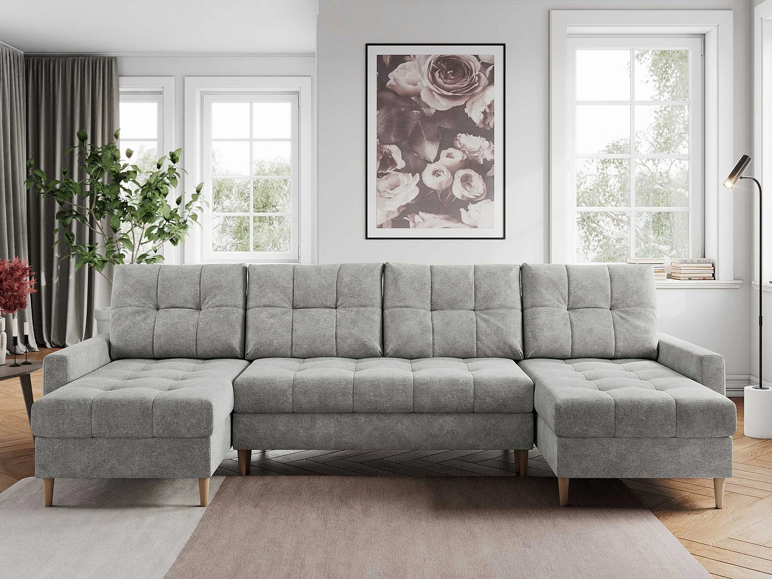 Ecksofa COLIN U mit Bettfunktion - skandinavisches design, lose Kissen - Hellgrau Stukture