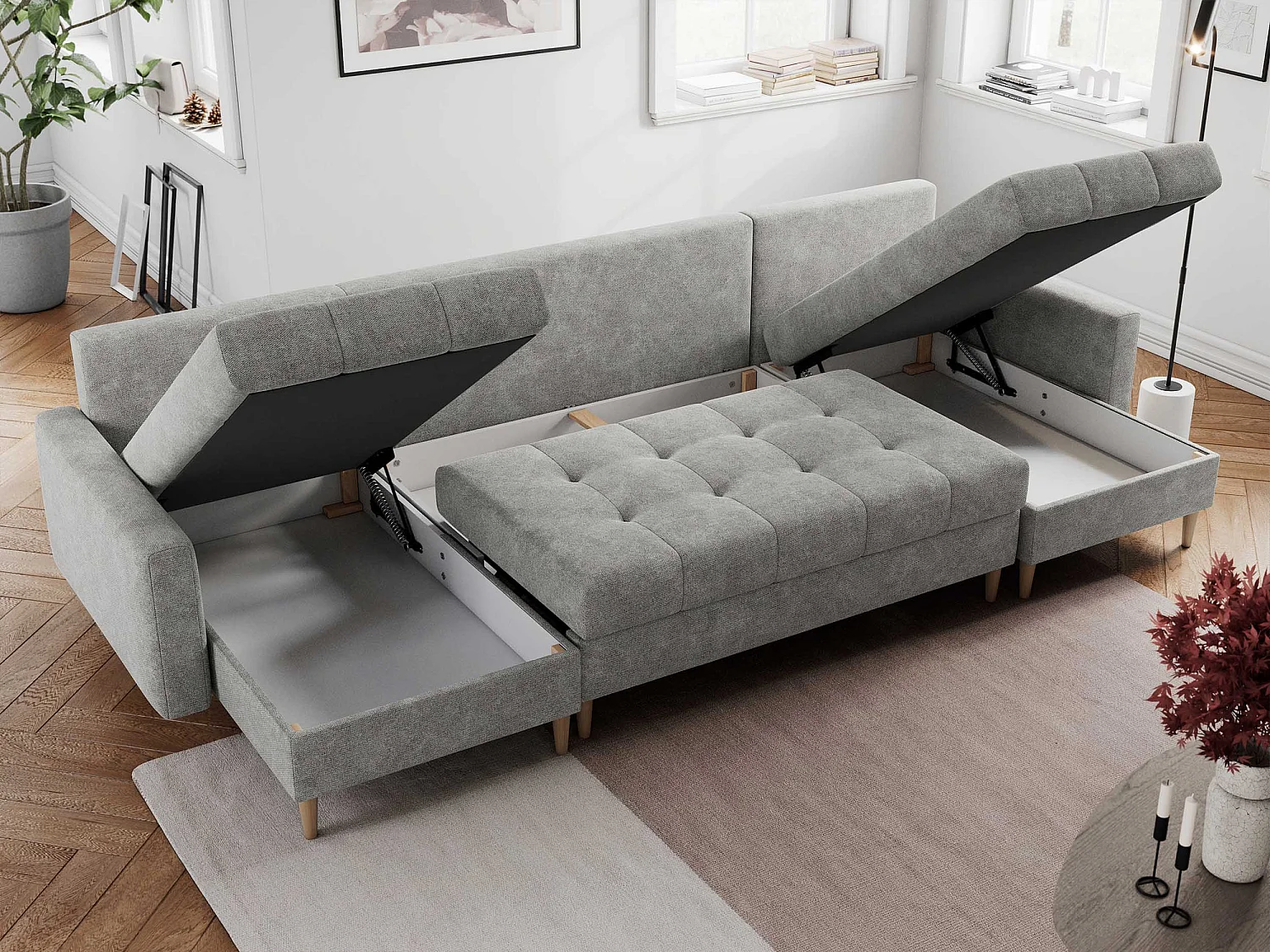 Ecksofa COLIN U mit Bettfunktion - skandinavisches design, lose Kissen - Hellgrau Stukture