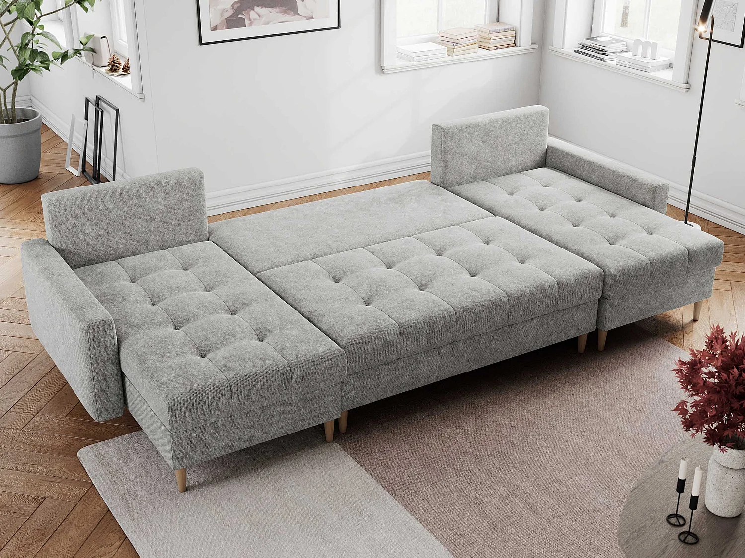 Ecksofa COLIN U mit Bettfunktion - skandinavisches design, lose Kissen - Hellgrau Stukture