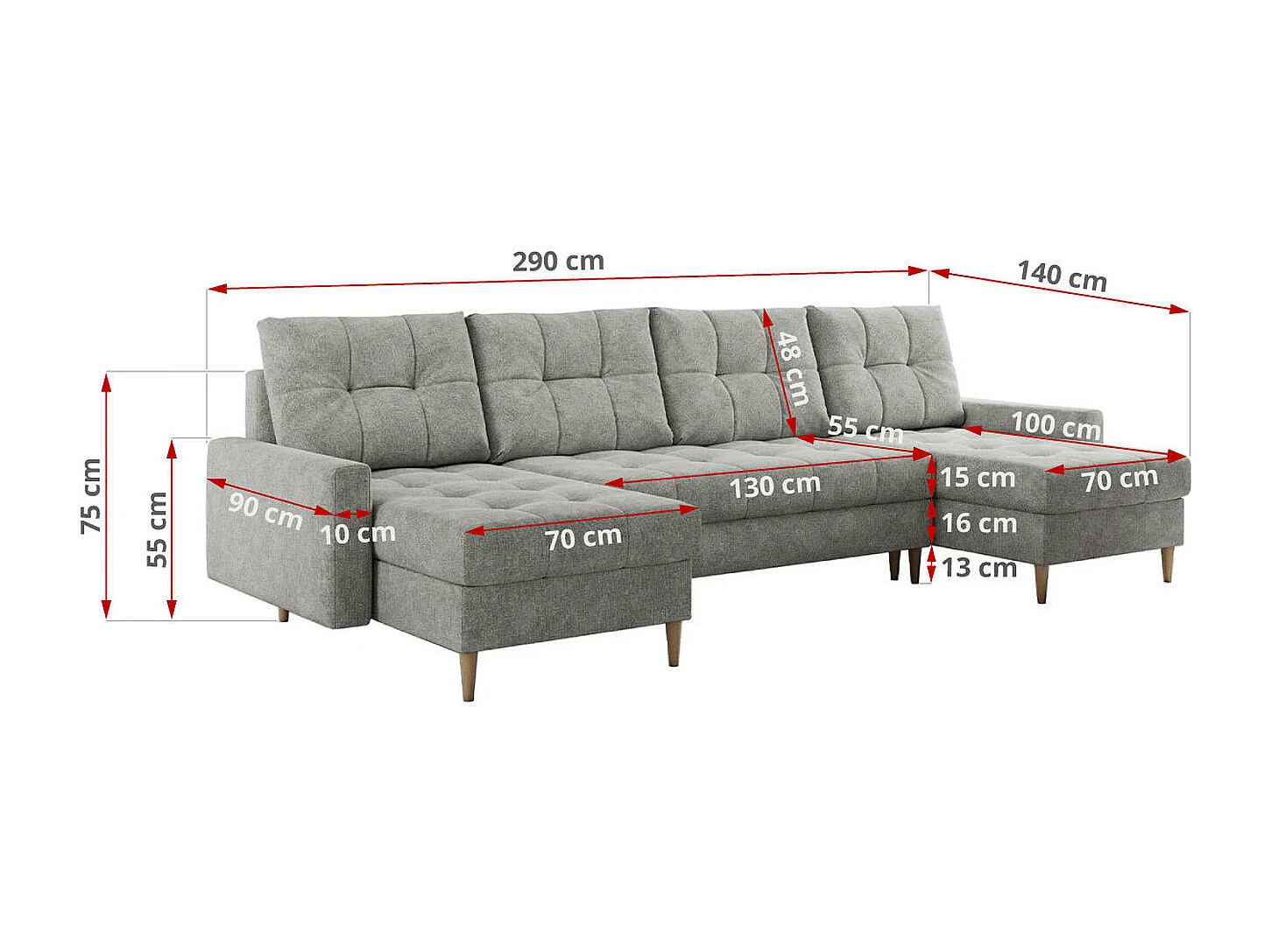Ecksofa COLIN U mit Bettfunktion - skandinavisches design, lose Kissen - Hellgrau Stukture
