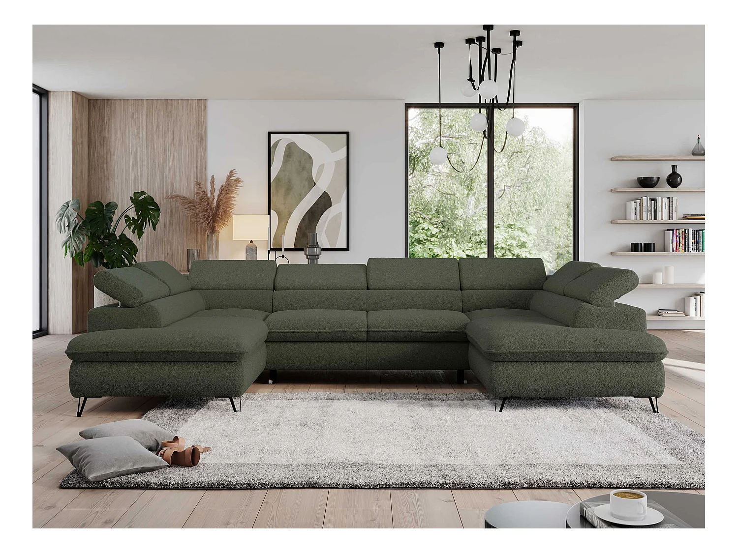 Ecksofa PEDRO U - XXL U-förmige Ecke, schlaffunktion und Bettkästen - Grün Boucle