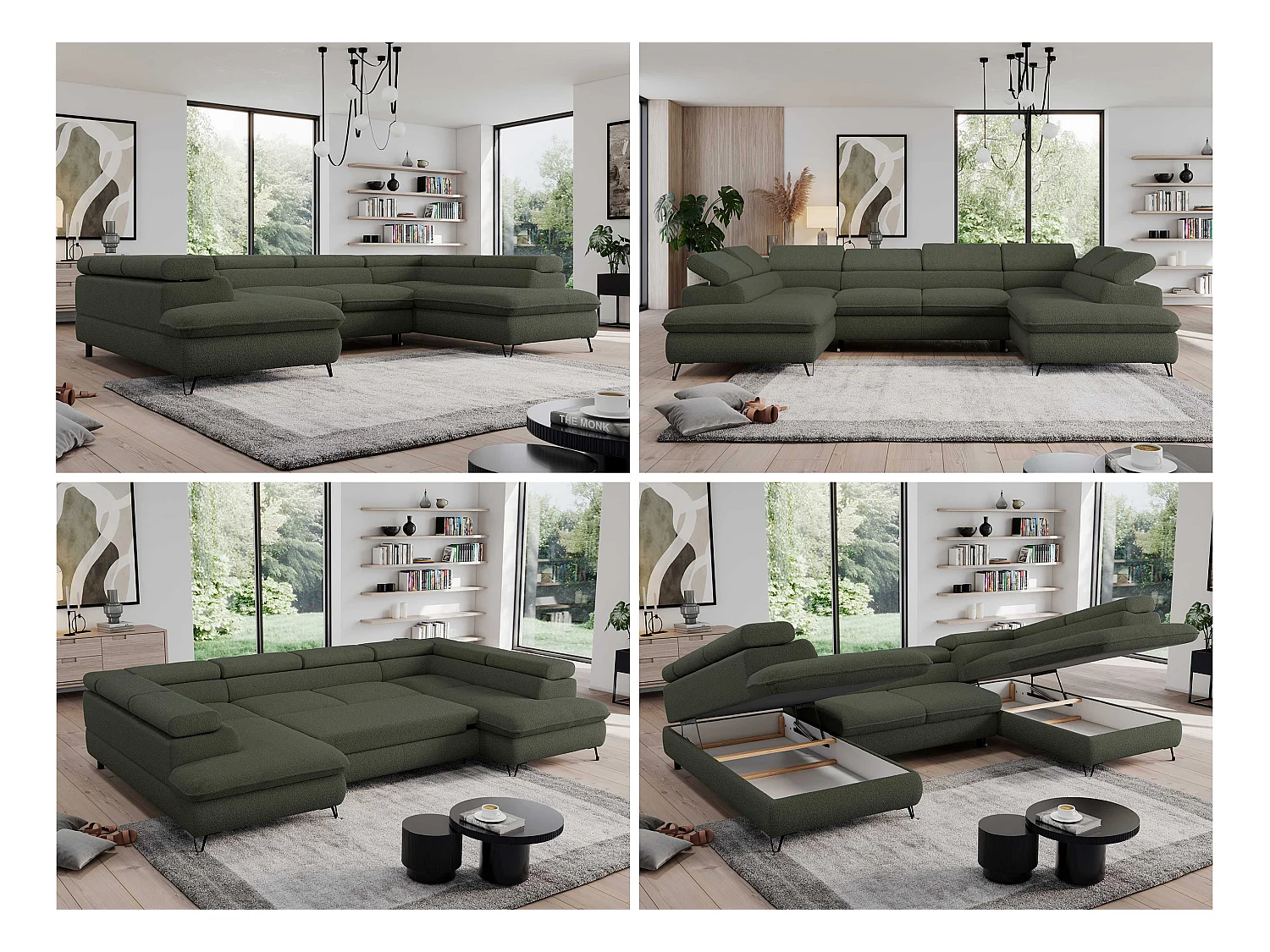 Ecksofa PEDRO U - XXL U-förmige Ecke, schlaffunktion und Bettkästen - Grün Boucle