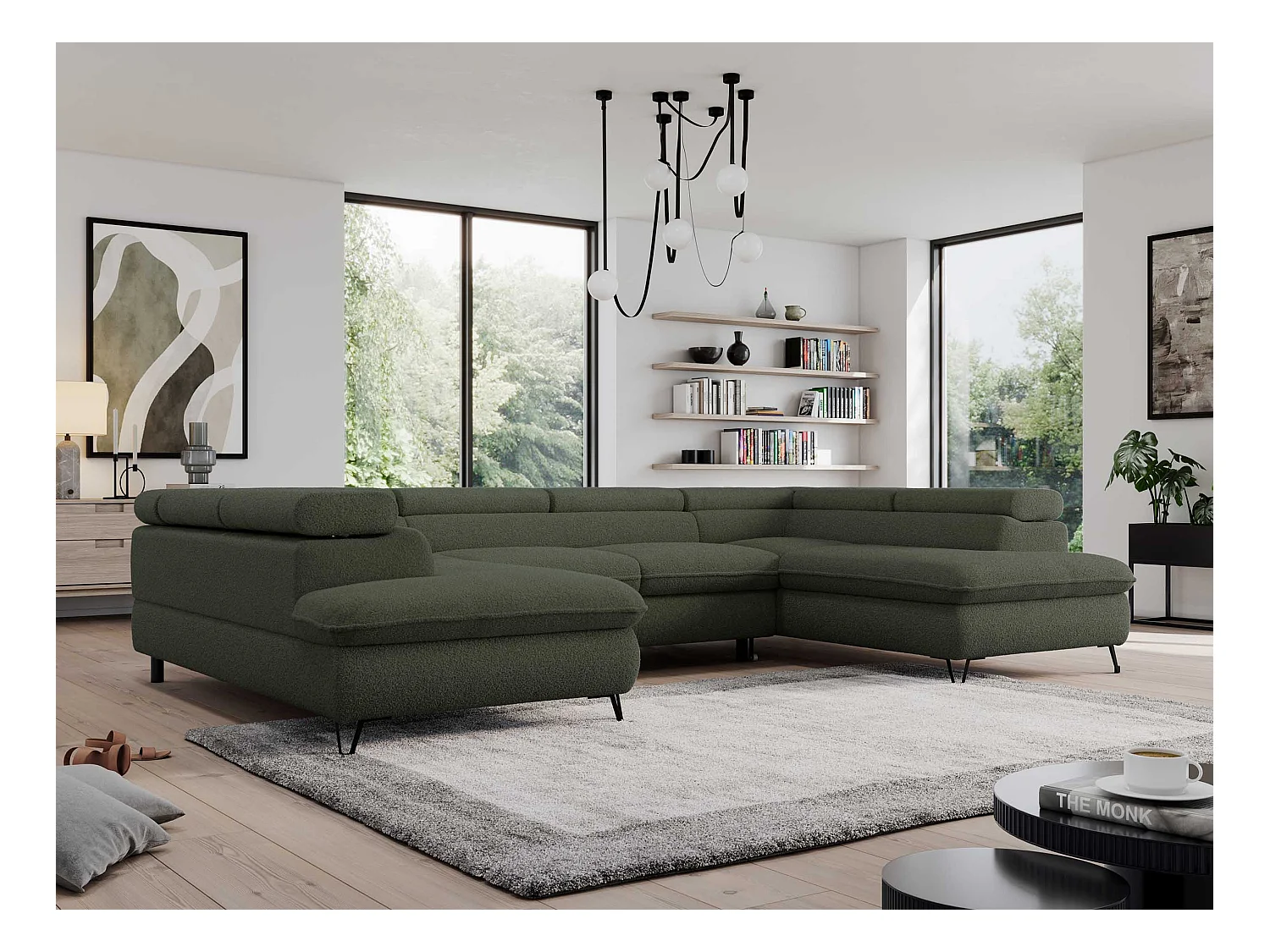 Ecksofa PEDRO U - XXL U-förmige Ecke, schlaffunktion und Bettkästen - Grün Boucle