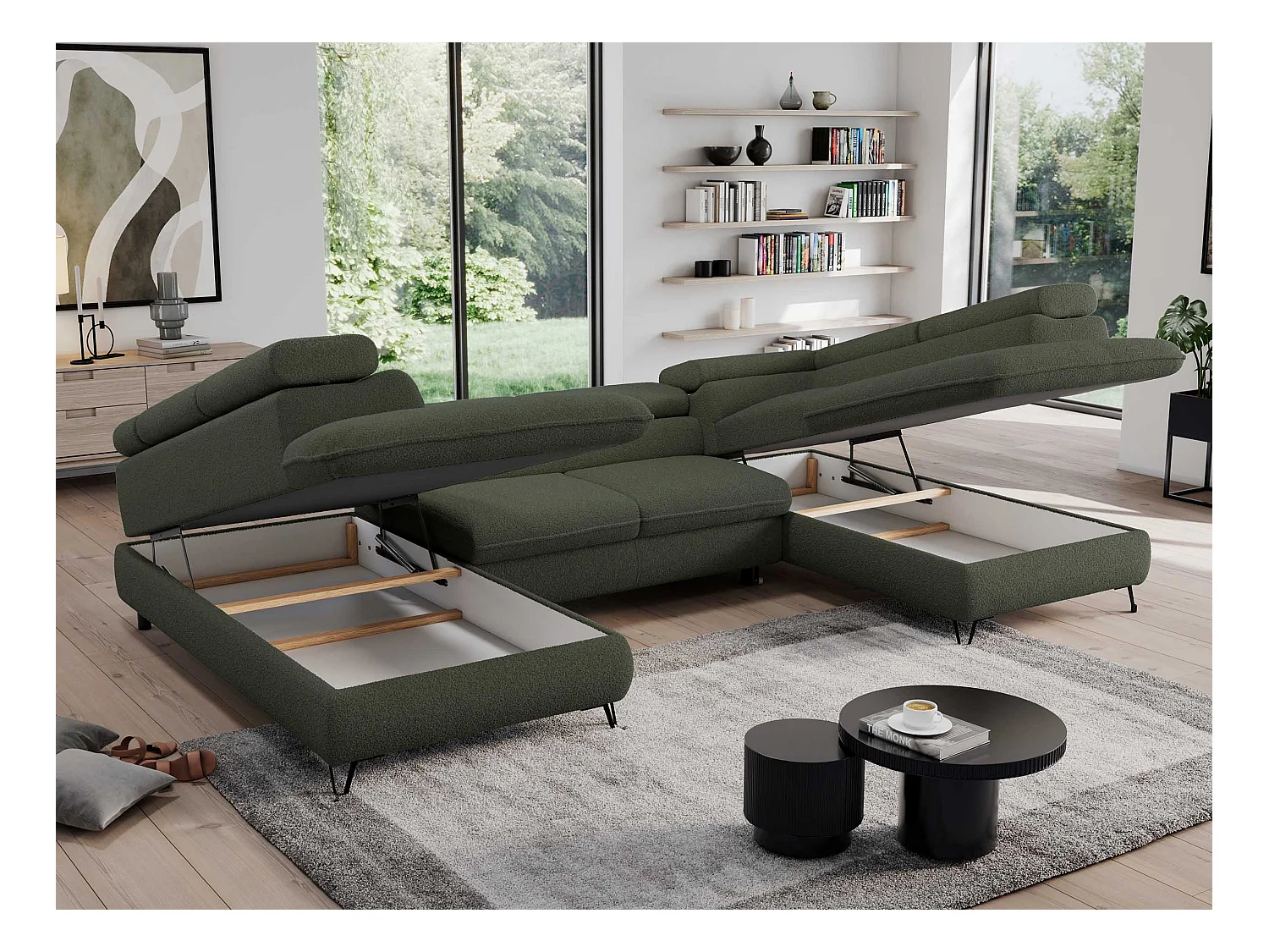 Ecksofa PEDRO U - XXL U-förmige Ecke, schlaffunktion und Bettkästen - Grün Boucle