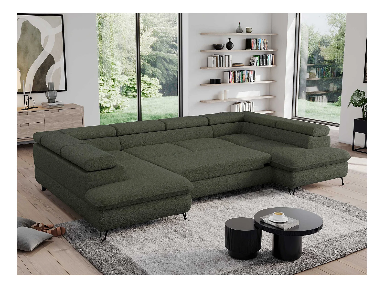 Ecksofa PEDRO U - XXL U-förmige Ecke, schlaffunktion und Bettkästen - Grün Boucle