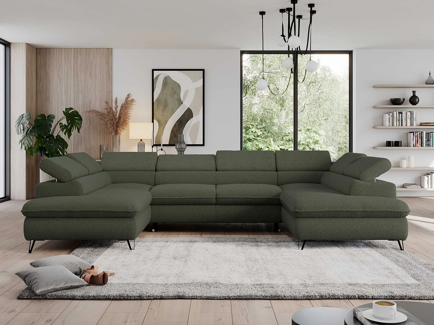 Ecksofa PEDRO U - XXL U-förmige Ecke, schlaffunktion und Bettkästen - Grün Boucle