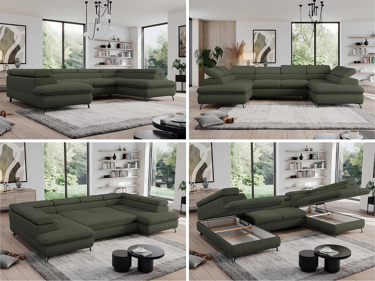 Ecksofa PEDRO U - XXL U-förmige Ecke, schlaffunktion und Bettkästen - Grün Boucle