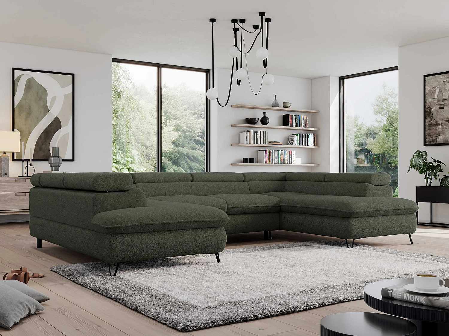 Ecksofa PEDRO U - XXL U-förmige Ecke, schlaffunktion und Bettkästen - Grün Boucle