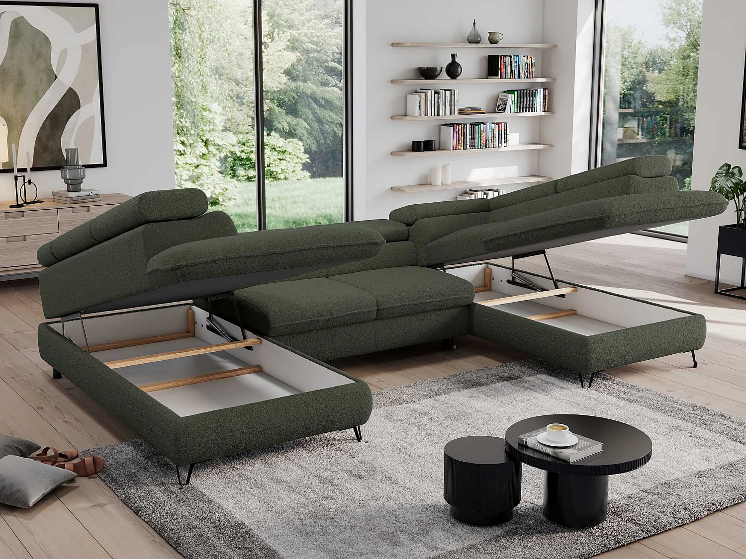 Ecksofa PEDRO U - XXL U-förmige Ecke, schlaffunktion und Bettkästen - Grün Boucle