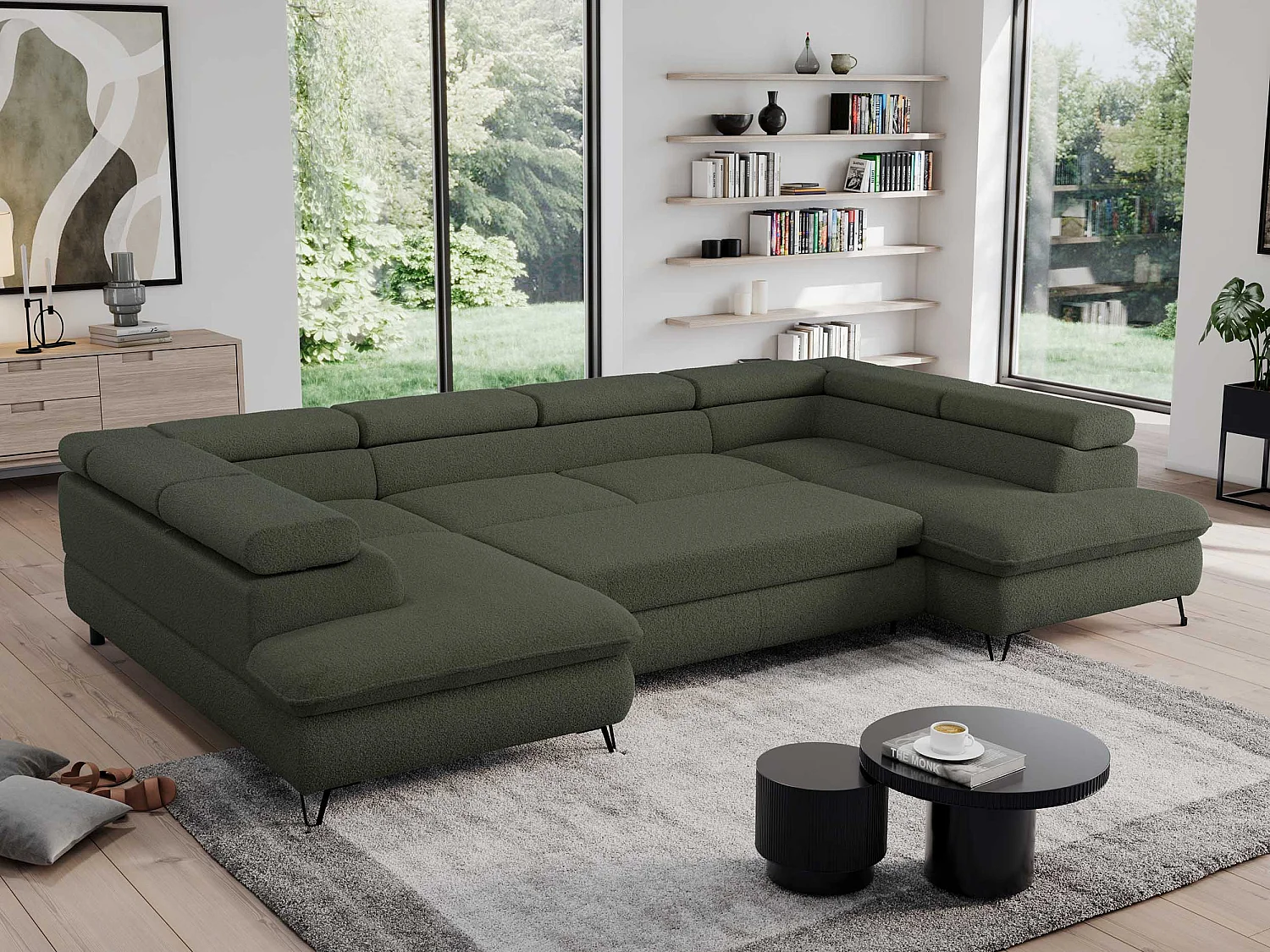 Ecksofa PEDRO U - XXL U-förmige Ecke, schlaffunktion und Bettkästen - Grün Boucle