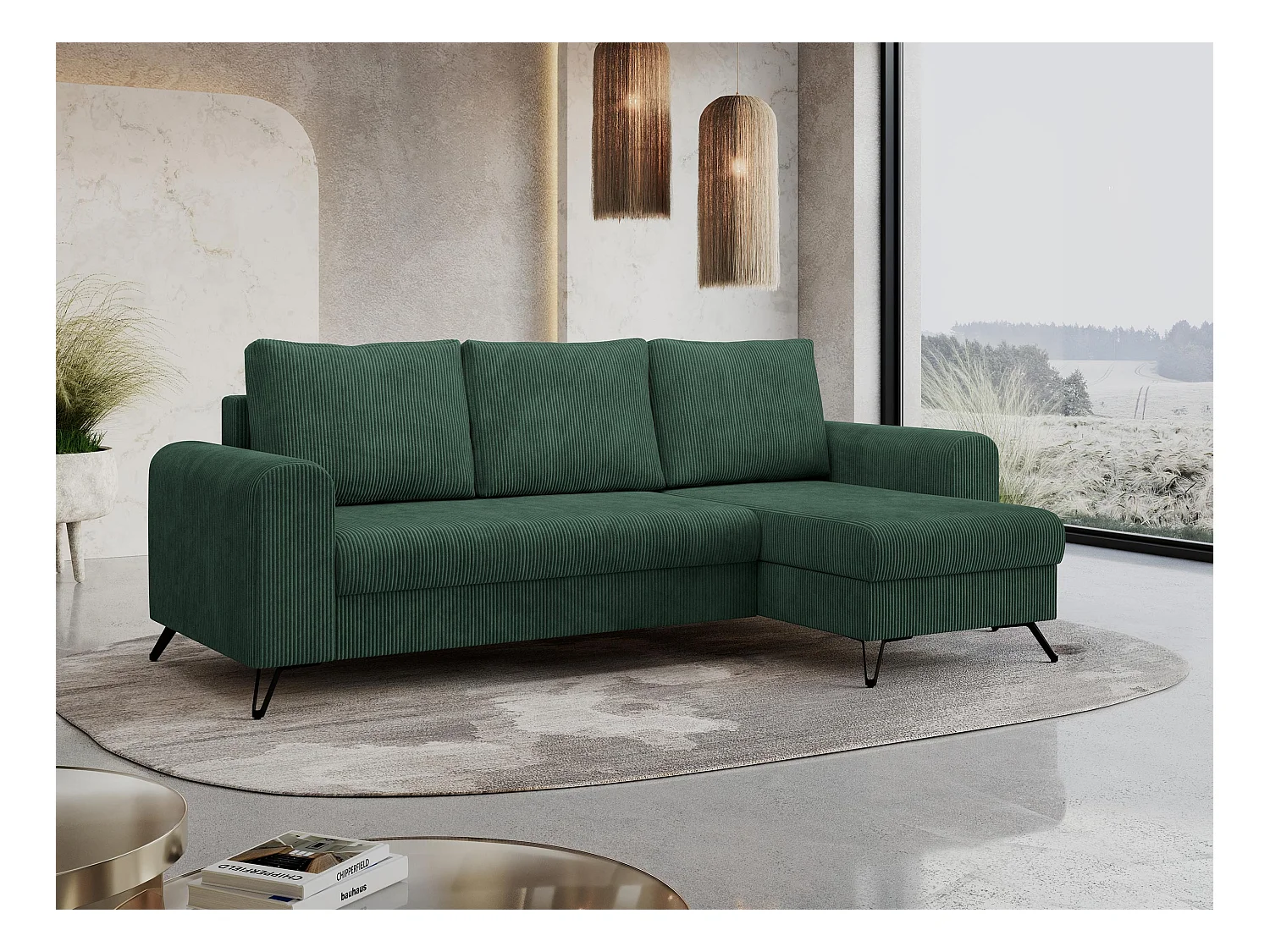 Ecksofa HUGO - L-Form mit Schlaffunktion, lose Kissen - Grün Cord