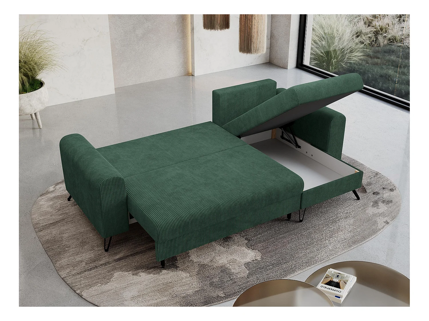 Ecksofa HUGO - L-Form mit Schlaffunktion, lose Kissen - Grün Cord