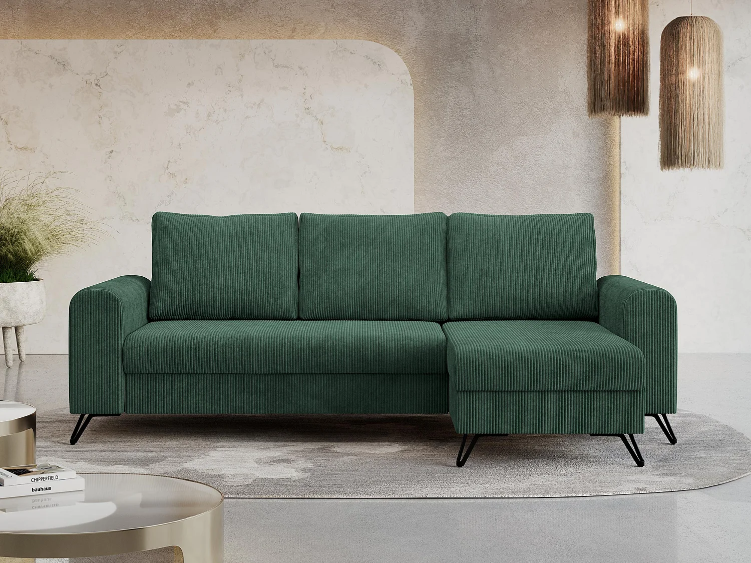 Ecksofa HUGO - L-Form mit Schlaffunktion, lose Kissen - Grün Cord