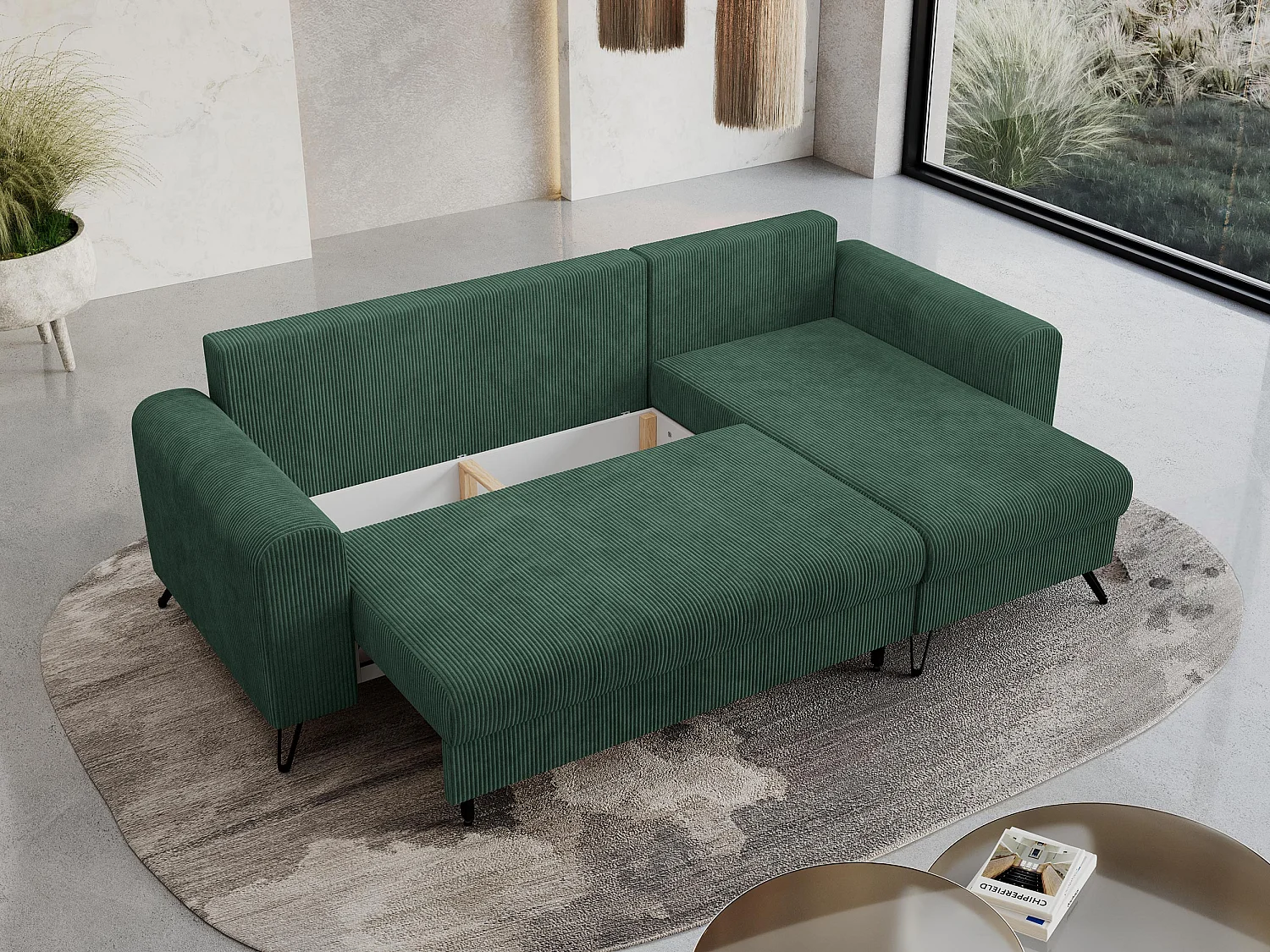 Ecksofa HUGO - L-Form mit Schlaffunktion, lose Kissen - Grün Cord