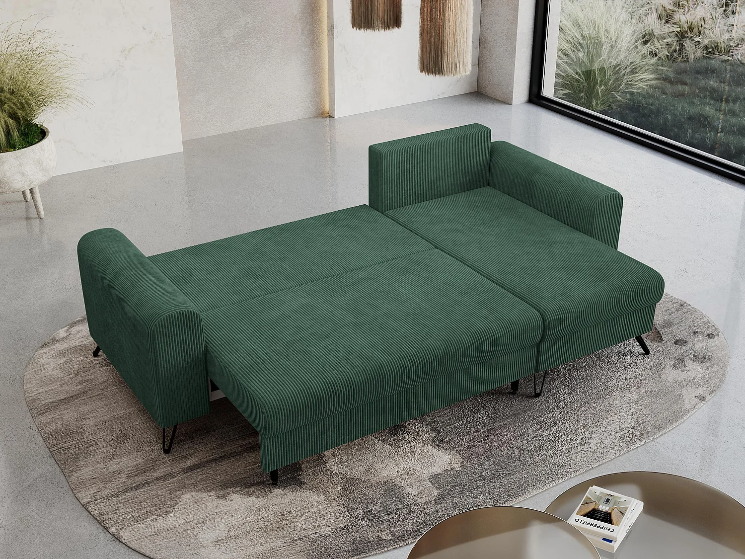 Ecksofa HUGO - L-Form mit Schlaffunktion, lose Kissen - Grün Cord