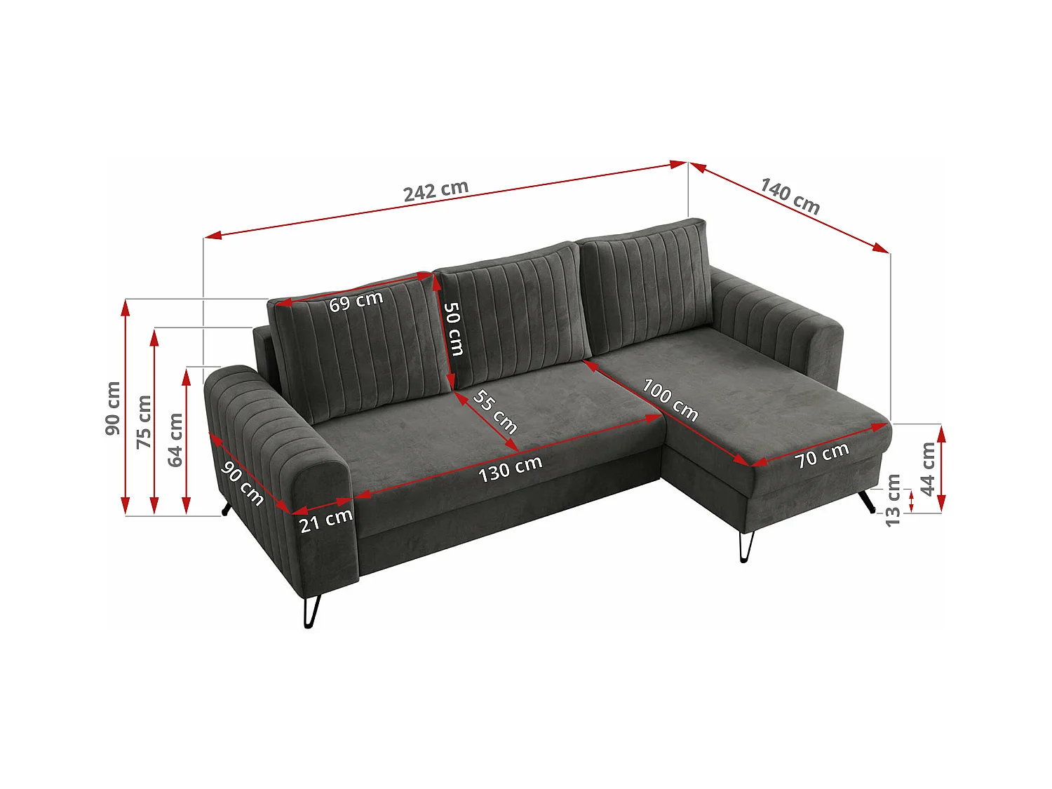 Ecksofa AXEL - universal mit schlaffunktion, Bettkasten - Grau Velvet
